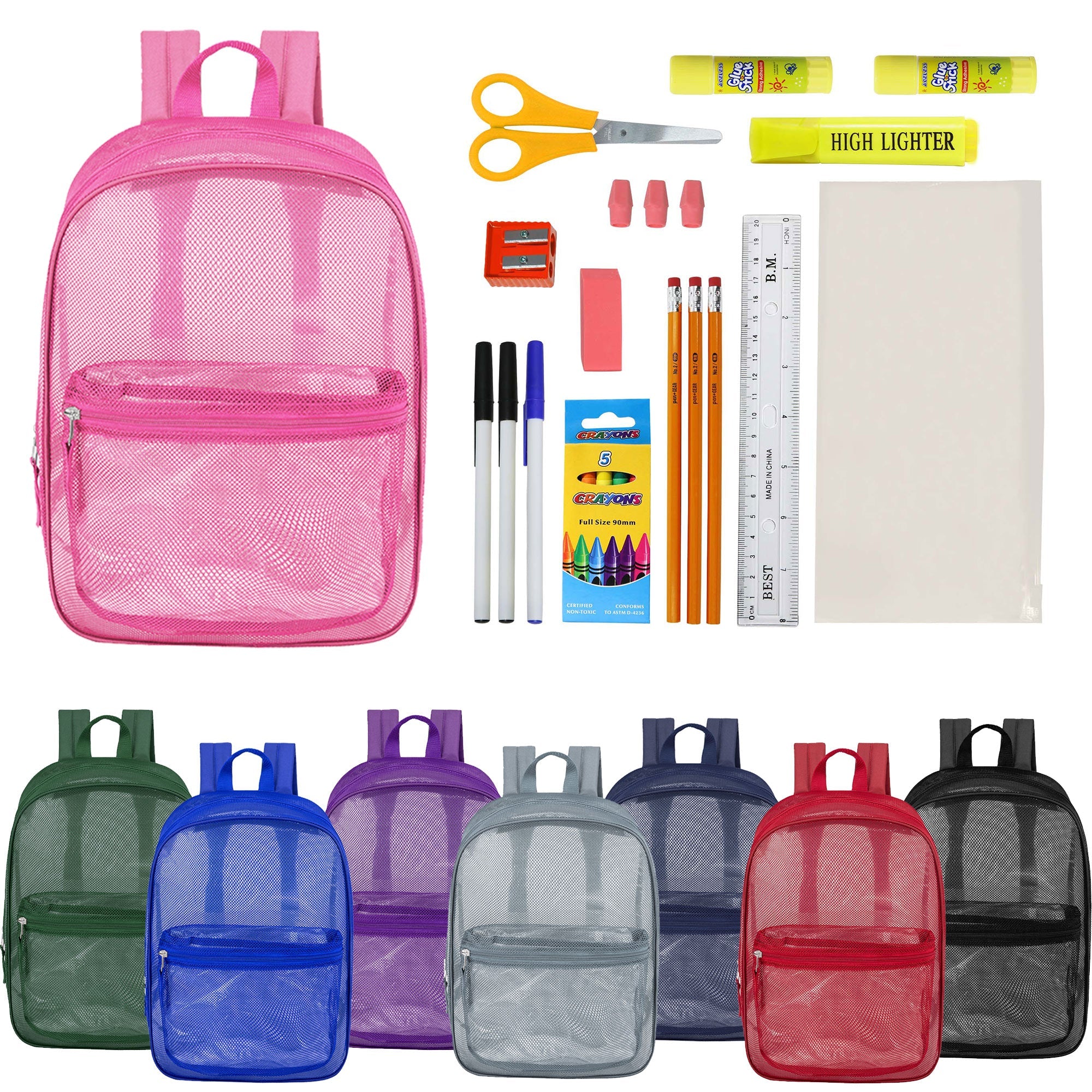 12 Wholesale 17" Mesh Backpacks in Assorted Colors & 12 Bulk School Supply Kits of Your Choice