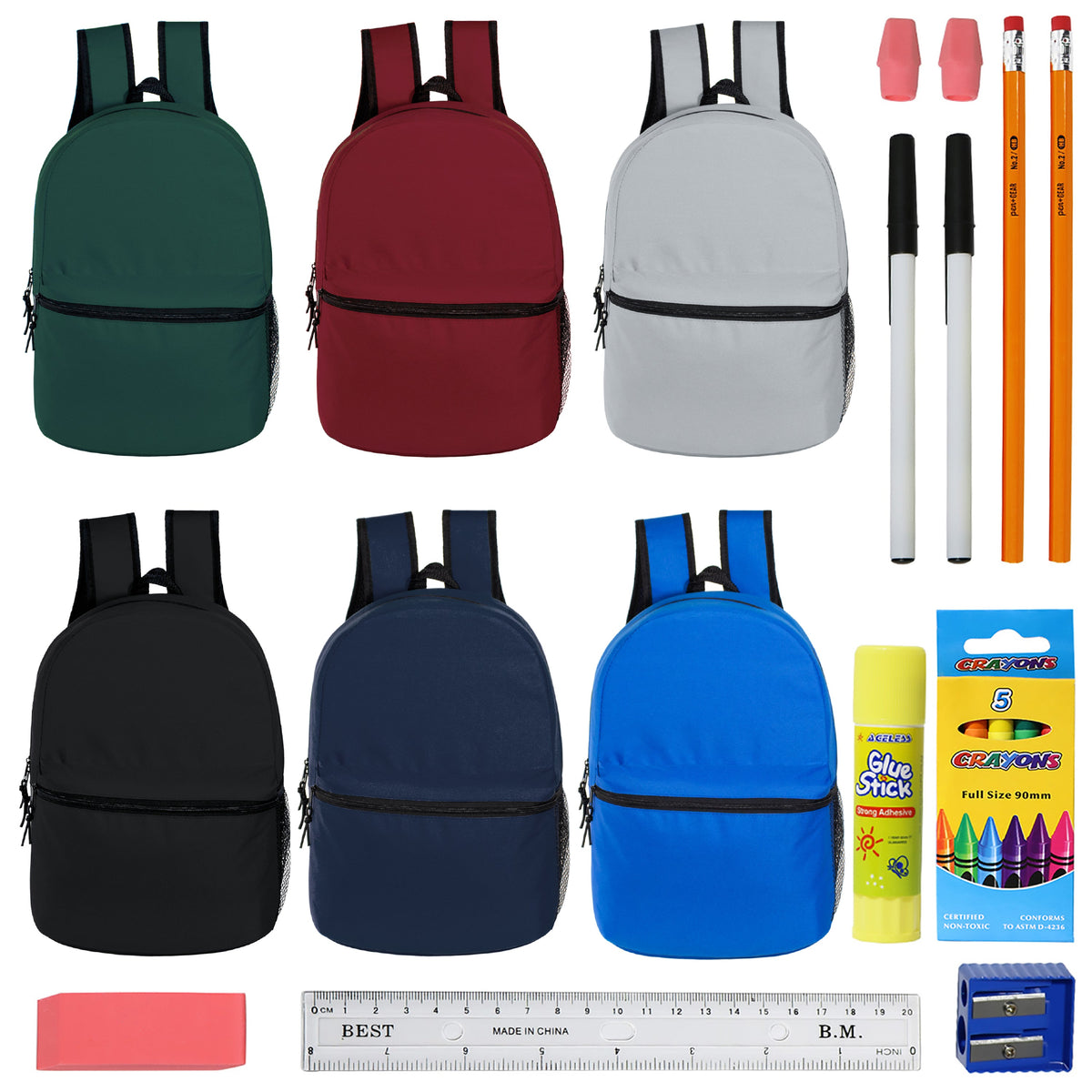 12 Wholesale 15" Elementary & Pre-K Backpacks in 6 Colors & 12 Bulk School Supply Kits of Your Choice