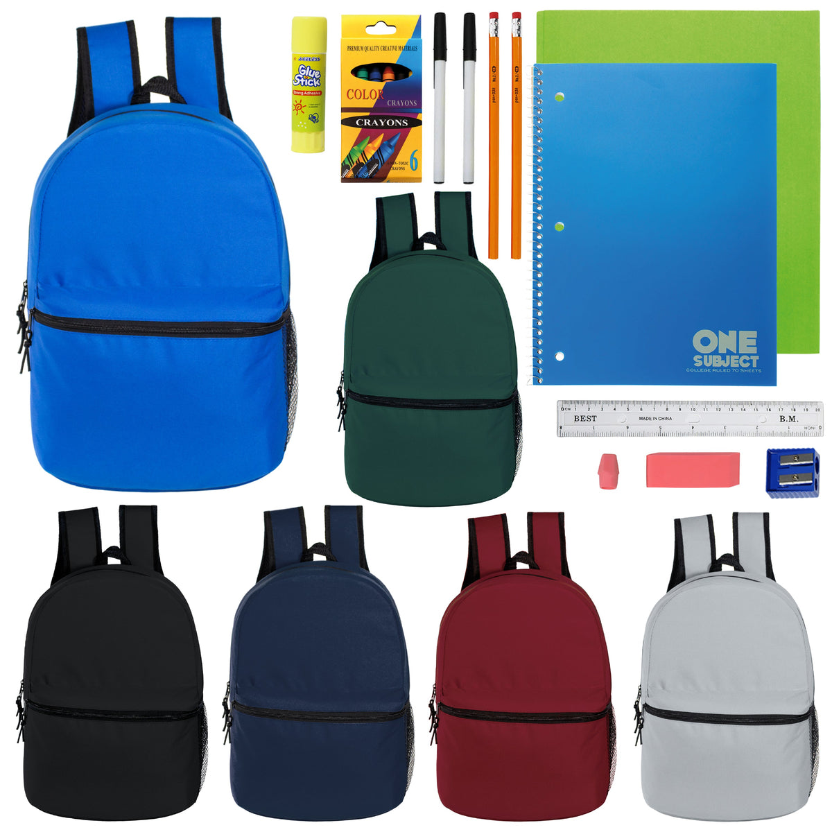 12 Wholesale 15" Elementary & Pre-K Backpacks in 6 Colors & 12 Bulk School Supply Kits of Your Choice