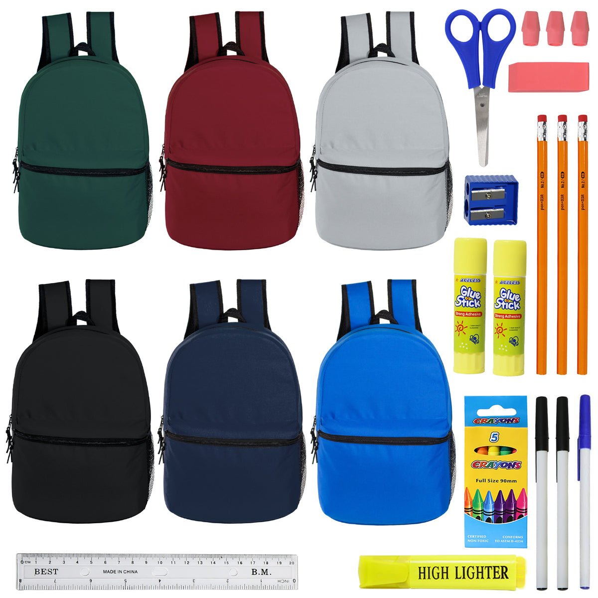 12 Wholesale 15" Elementary & Pre-K Backpacks in 6 Colors & 12 Bulk School Supply Kits of Your Choice