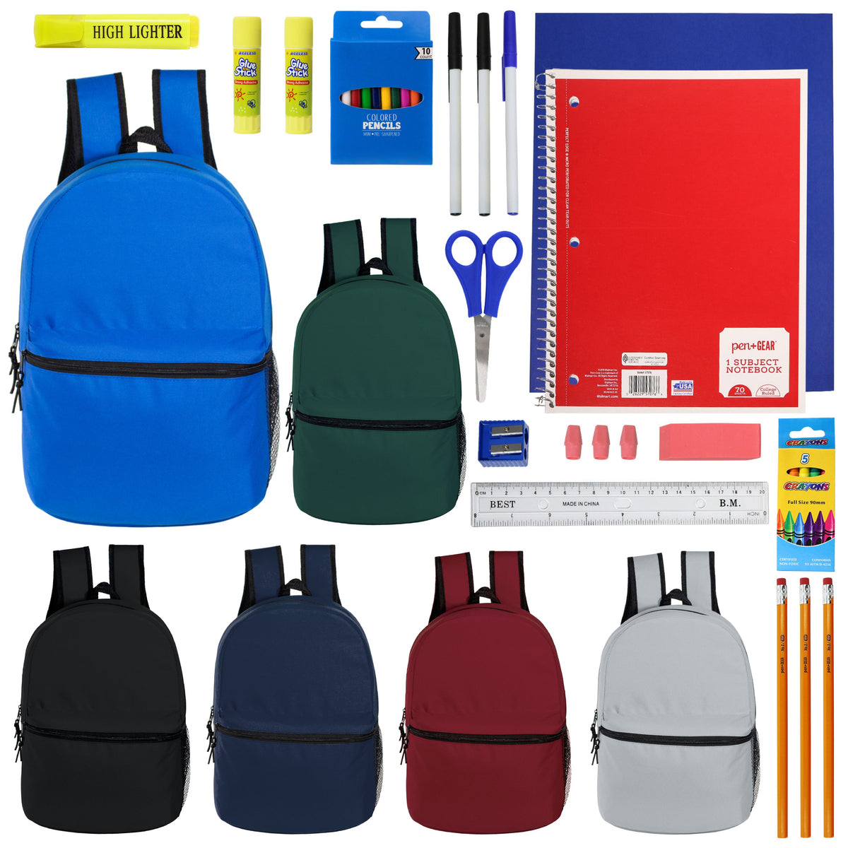 12 Wholesale 15" Elementary & Pre-K Backpacks in 6 Colors & 12 Bulk School Supply Kits of Your Choice