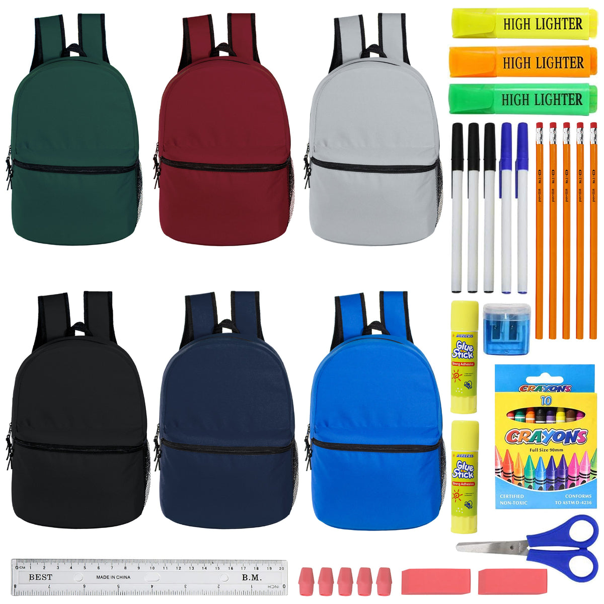 12 Wholesale 15" Elementary & Pre-K Backpacks in 6 Colors & 12 Bulk School Supply Kits of Your Choice