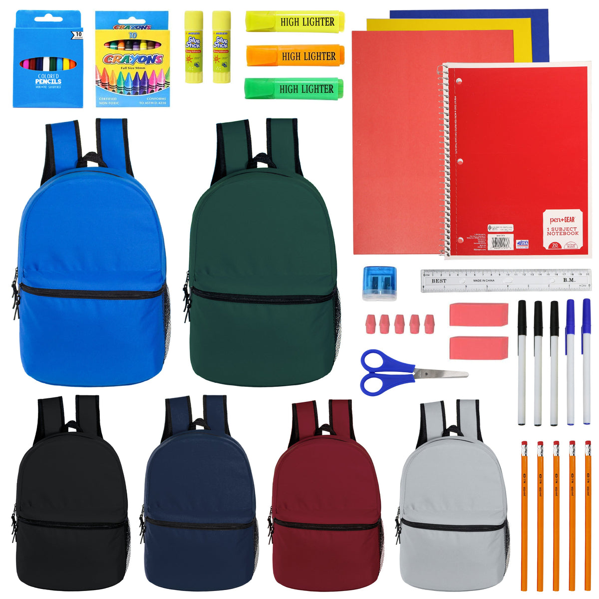12 Wholesale 15" Elementary & Pre-K Backpacks in 6 Colors & 12 Bulk School Supply Kits of Your Choice
