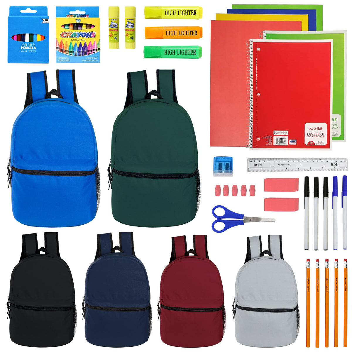 12 Wholesale 15" Elementary & Pre-K Backpacks in 6 Colors & 12 Bulk School Supply Kits of Your Choice