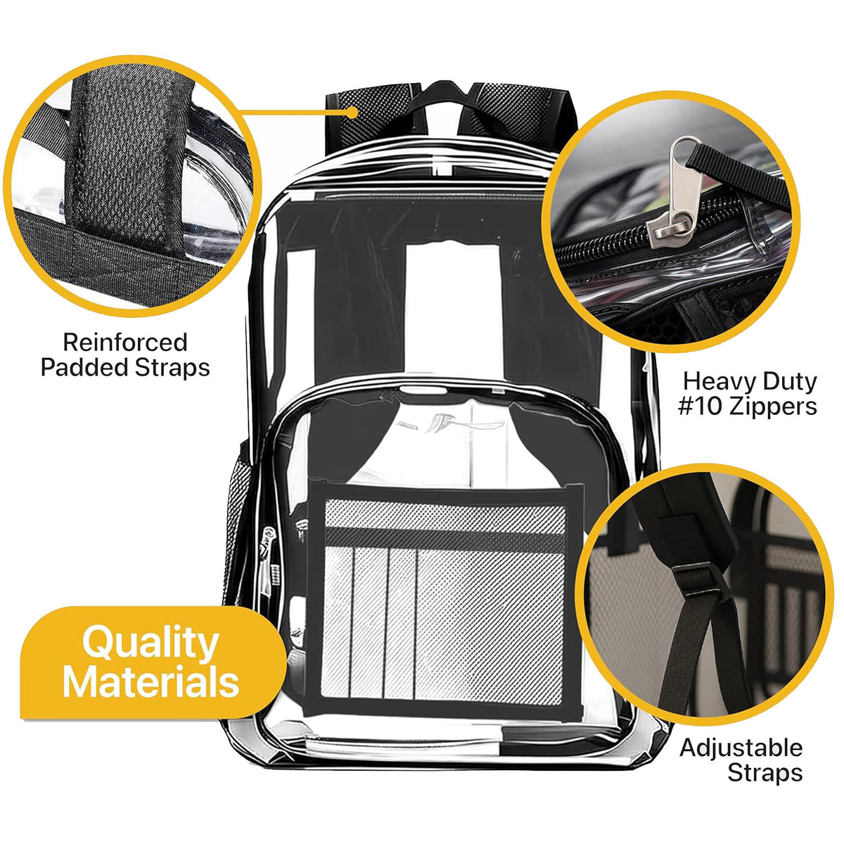 Clear Wholesale 17" Backpacks w/Black Trim - Mesh Side Pockets - Durable Transparent PVC - Bulk Case of 24