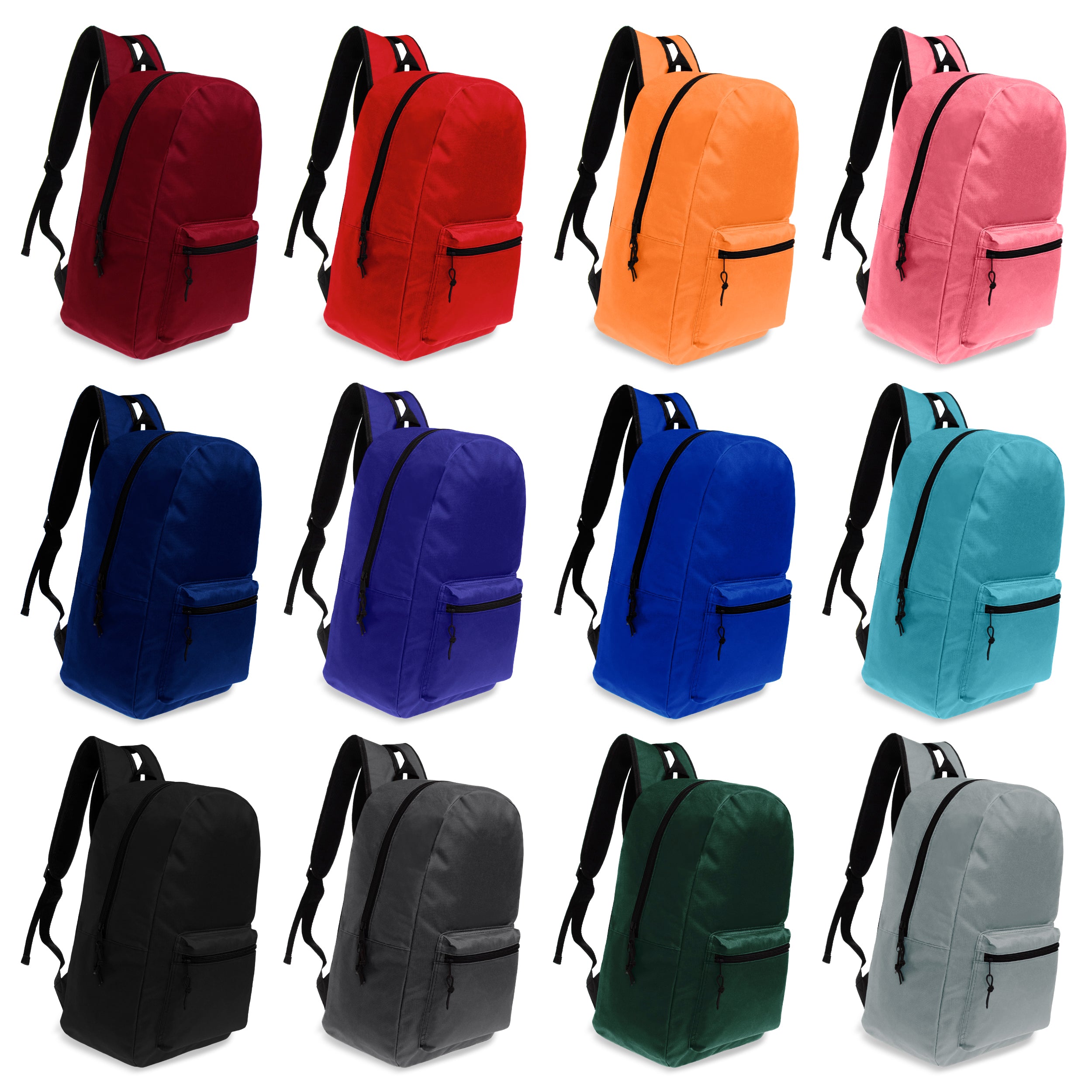 17 Inch Bulk Backpacks in Assorted Colors with 17 Piece School Supply Kits Wholesale - Case of 24 (12 Color Assortment)