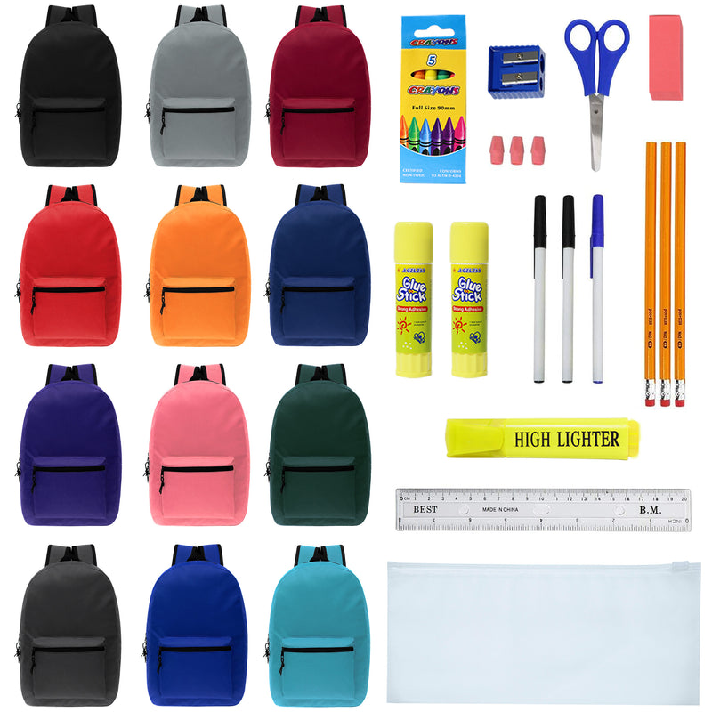 17 Inch Bulk Backpacks in Assorted Colors with 17 Piece School Supply Kits Wholesale - Case of 24 (12 Color Assortment)