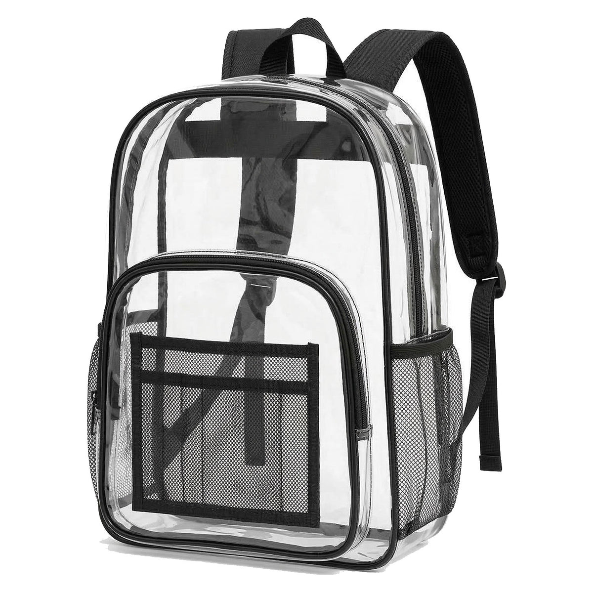 Clear Wholesale 17" Backpacks w/Black Trim - Mesh Side Pockets - Durable Transparent PVC - Bulk Case of 24