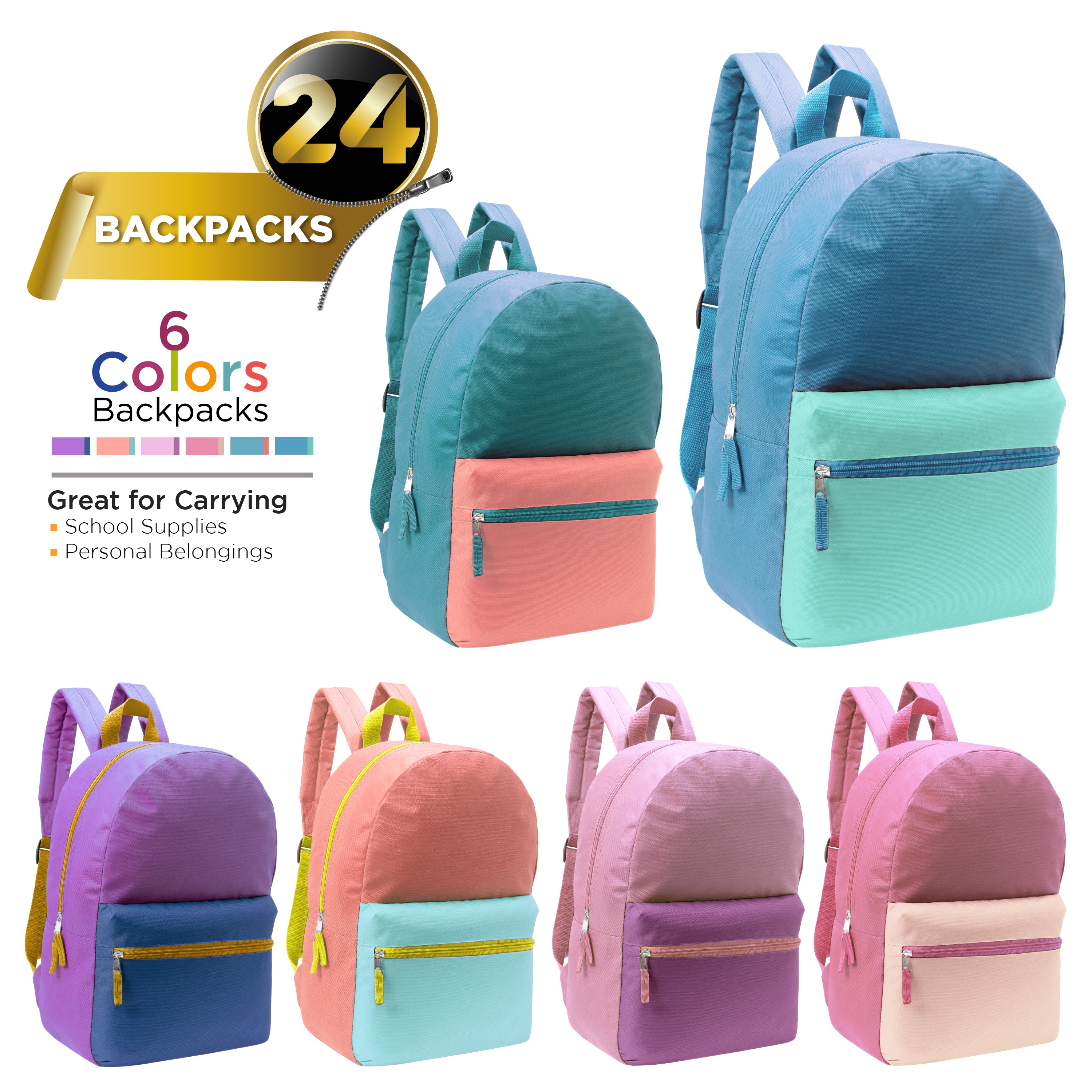 17" Girls Basic Wholesale Backpack in 6 Two Tone Color Combinations - Bulk Case of 24 Backpacks