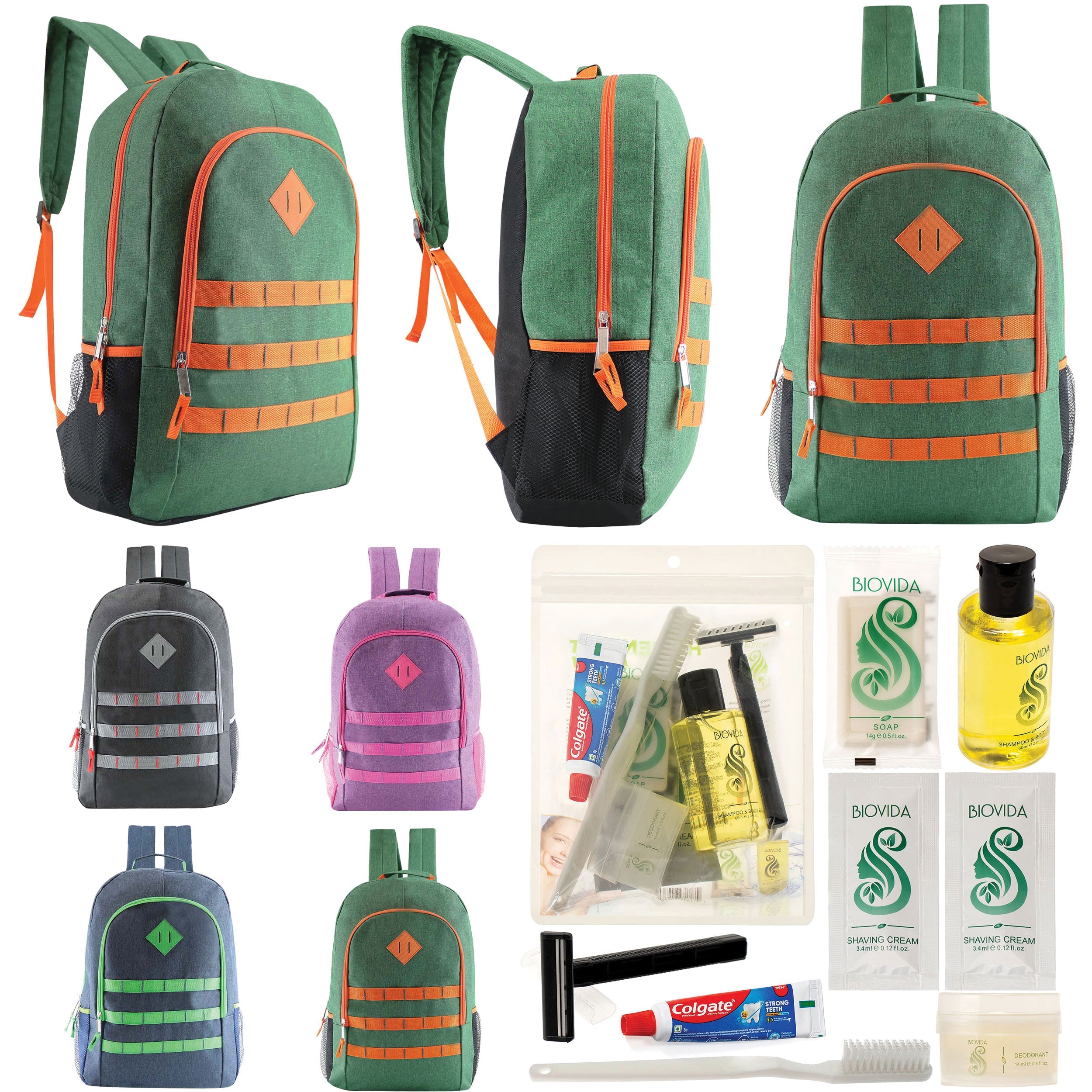12 Deluxe 19" Backpacks in 4 Colors & Your Choice of 12 Bulk Hygiene Kits - Wholesale Care Package: Homeless, Emergency, Charity