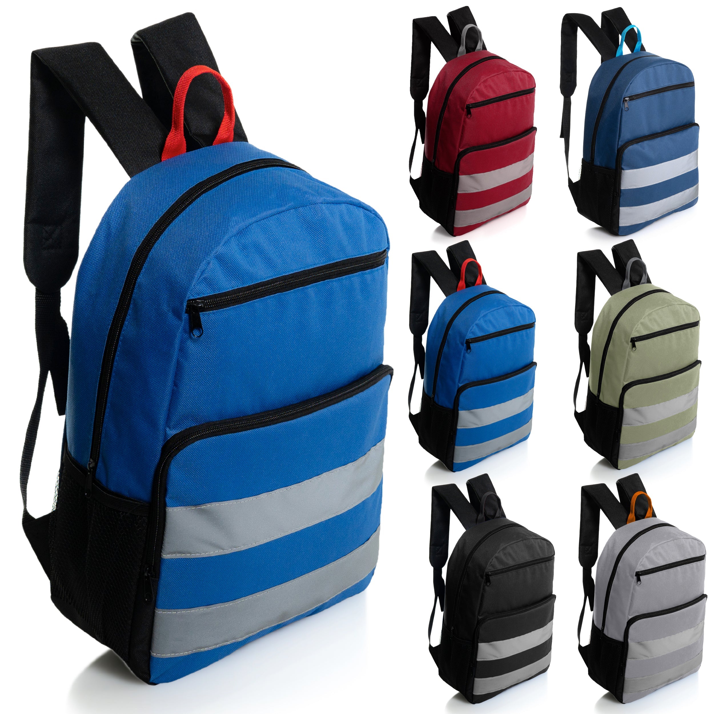 17" Wholesale Backpack with Reflective Stripes in 6 Colors - 2 Side Pockets - Bulk Case of 24 Bookbags