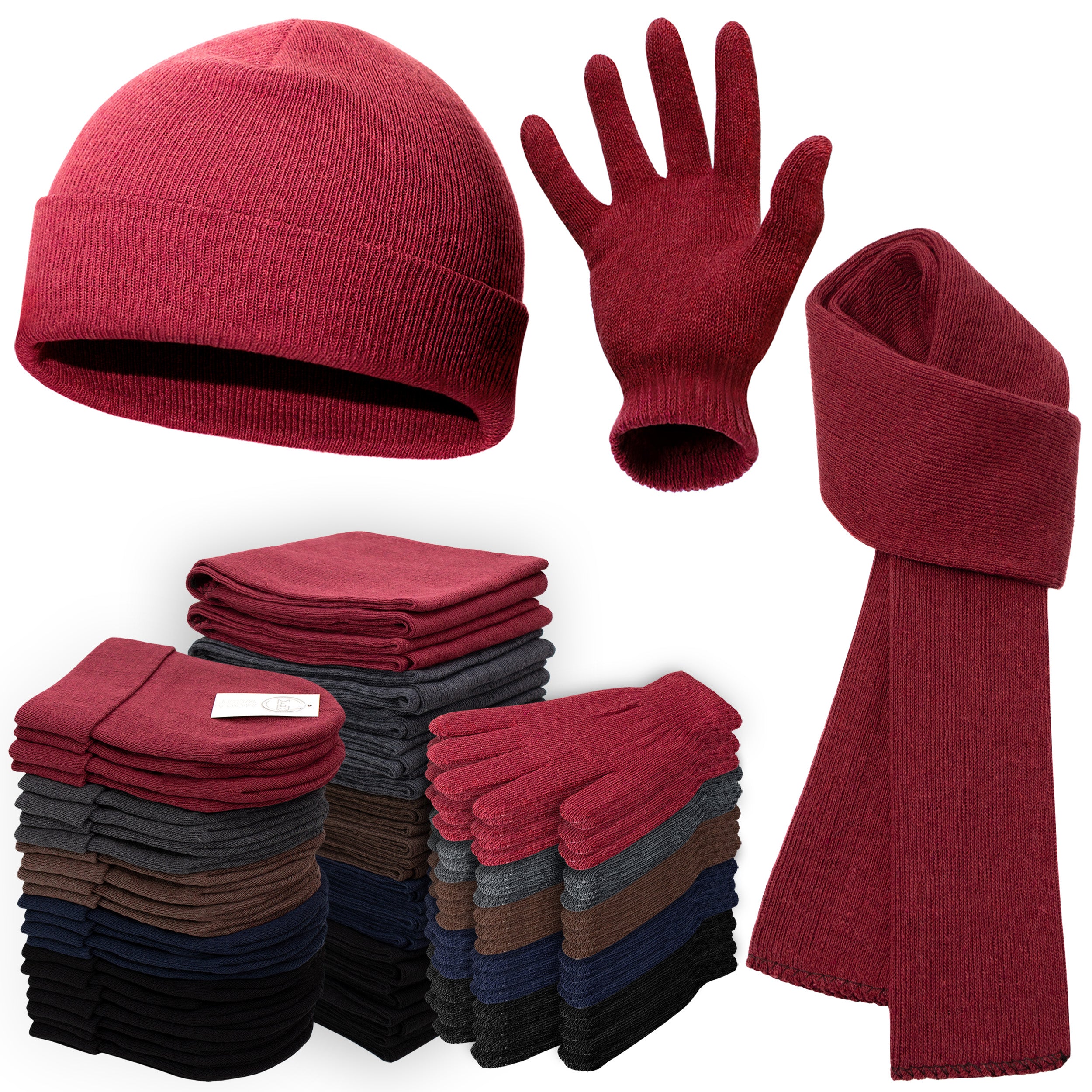 Wholesale Unisex Winter Gloves, Scarves, Beanie Hats - Bulk Case Includes 24 Beanies, 24 Gloves, 24 Scarves
