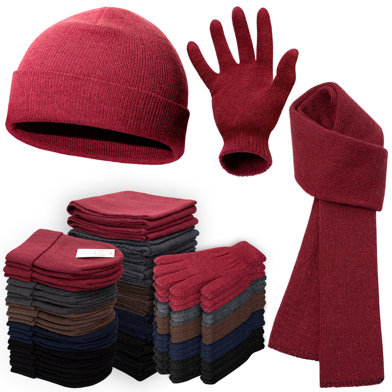 Wholesale Unisex Winter Gloves, Scarf, Beanie in 5 Assorted Colors - Bulk Case of 72 (24 Beanies, 24 Gloves, 24 Scarves)