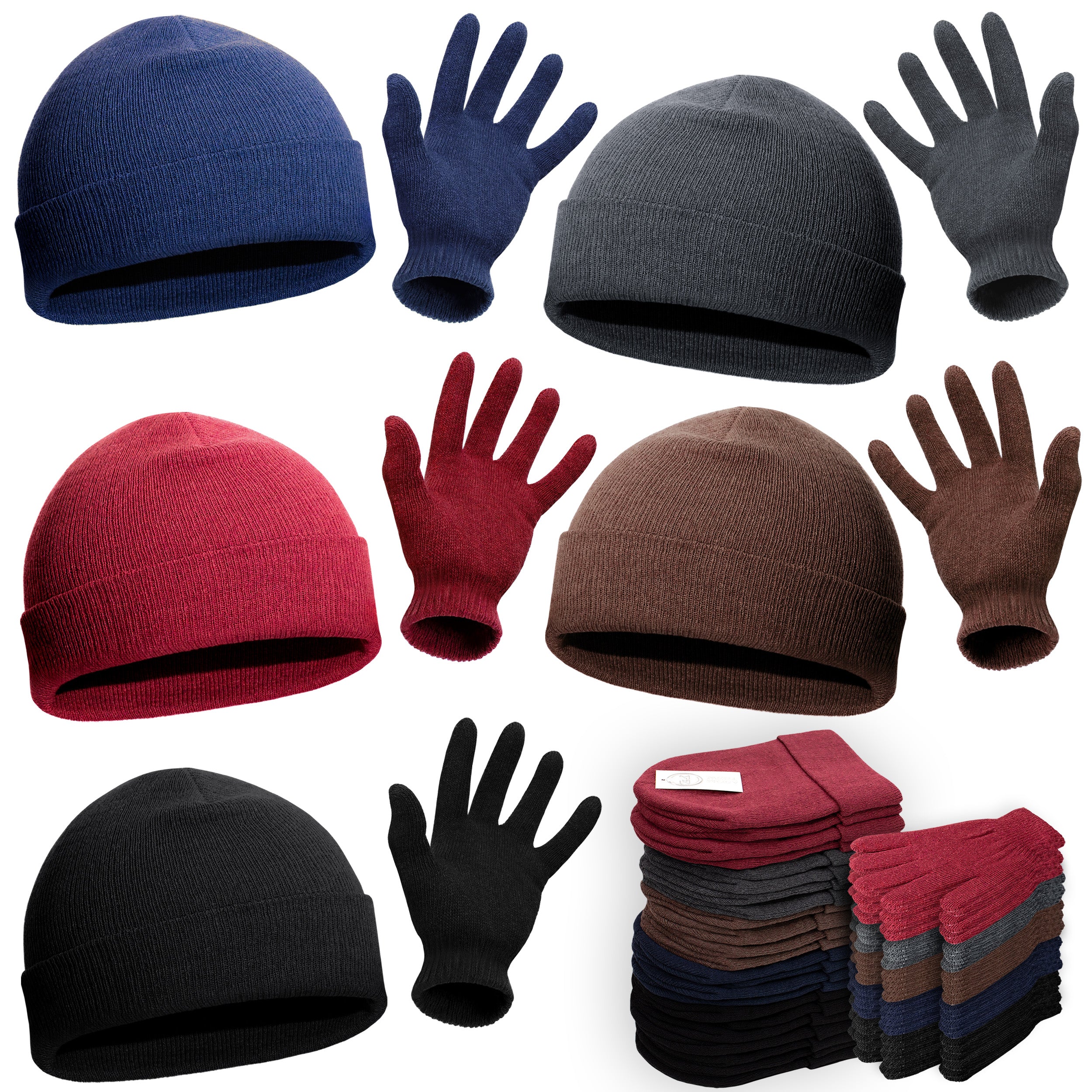 24 Set Wholesale Beanie and Glove Bundle in 5 Assorted Colors - Bulk Case of 24 Beanies, 24 Pairs of Gloves