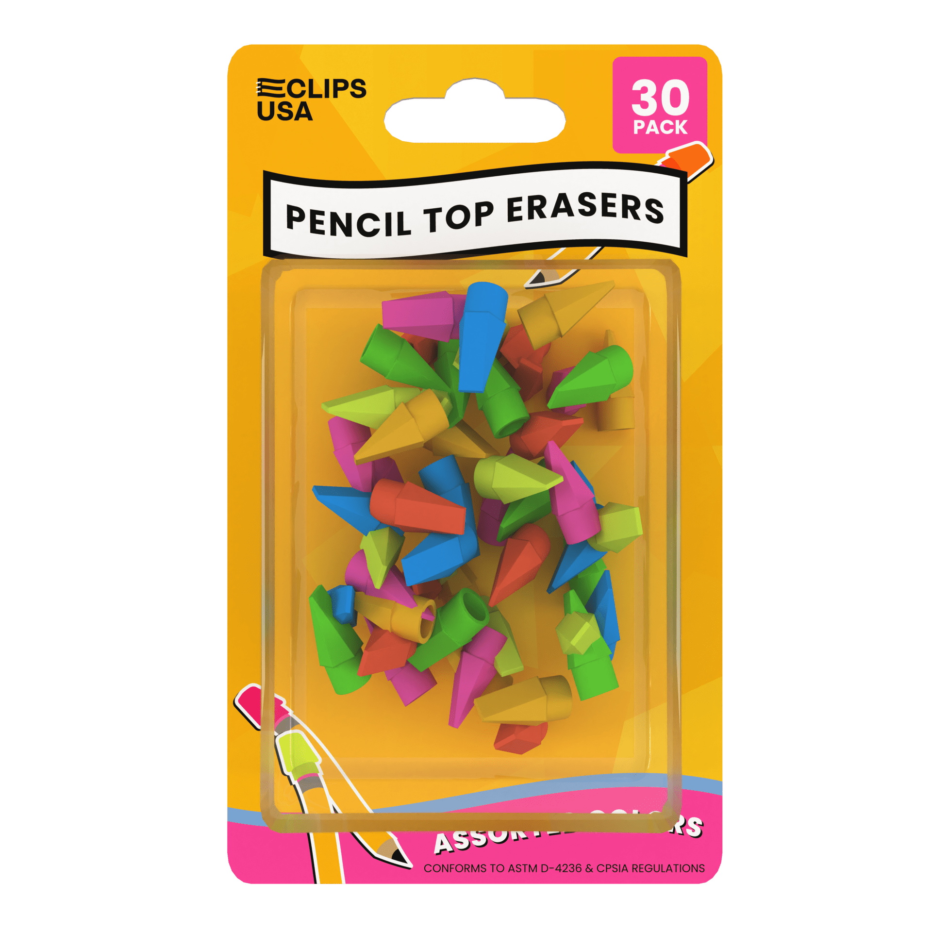 Pencil Top Erasers - Cap Tops, Assorted Colors, 30-Count