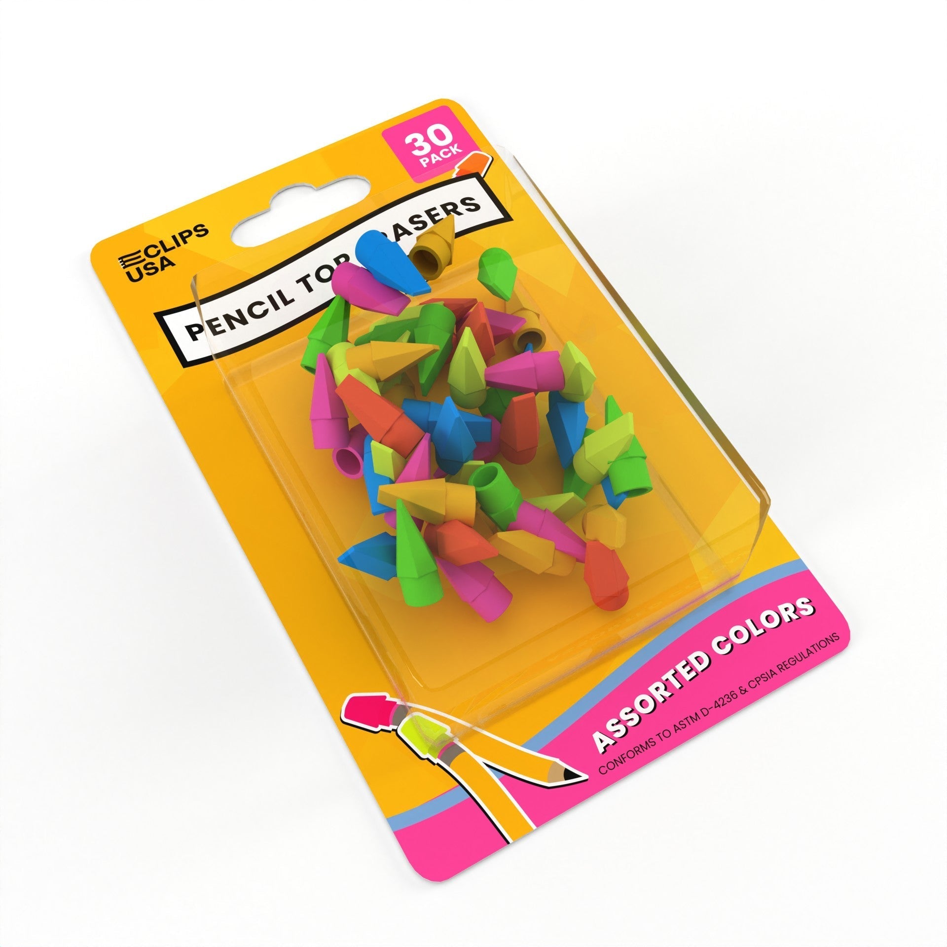 Pencil Top Erasers - Cap Tops, Assorted Colors, 30-Count