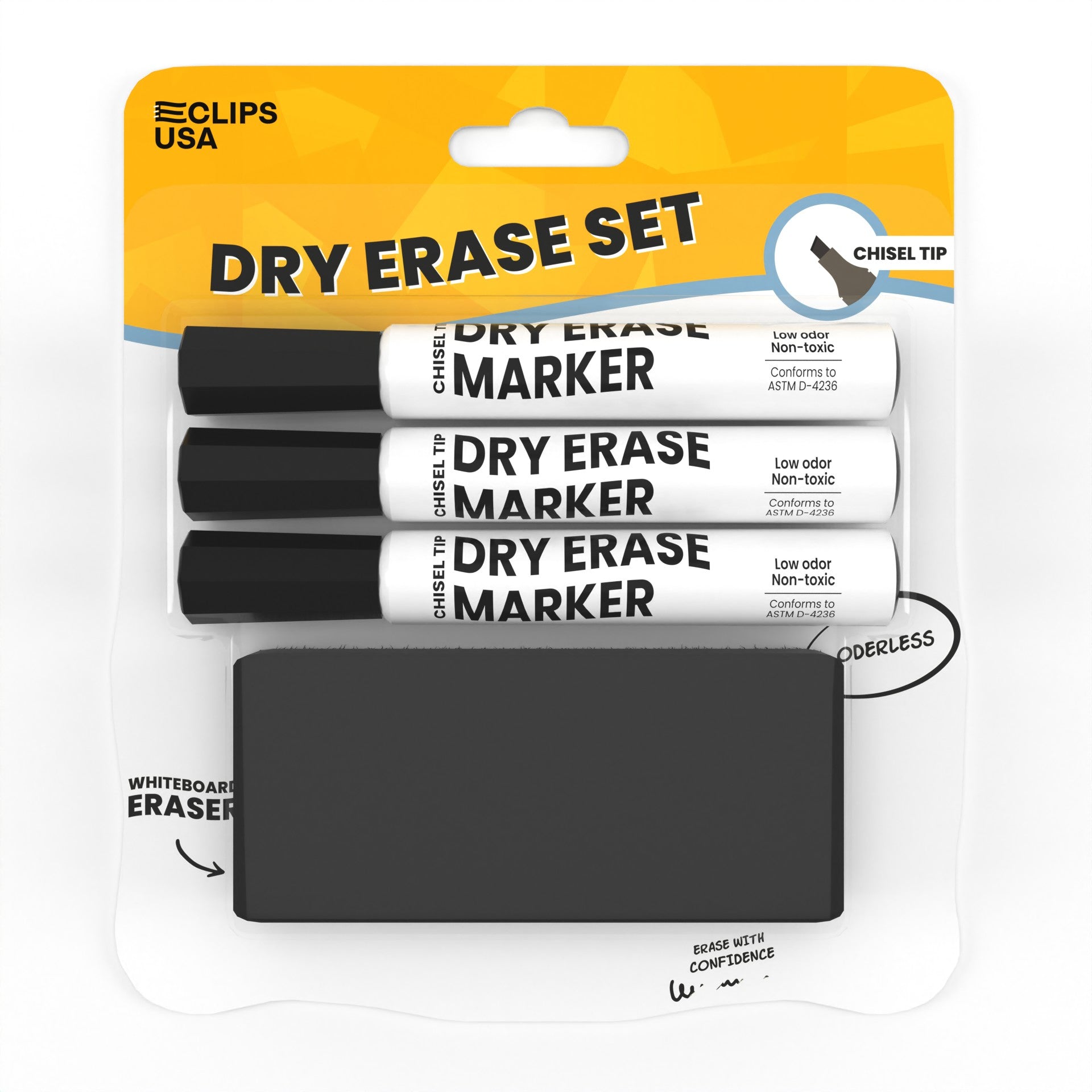 Wholesale Dry Erase Markers - Set Of 3  Chisel-Tip Markers w/Eraser in Black - Bulk Case of 40 Sets
