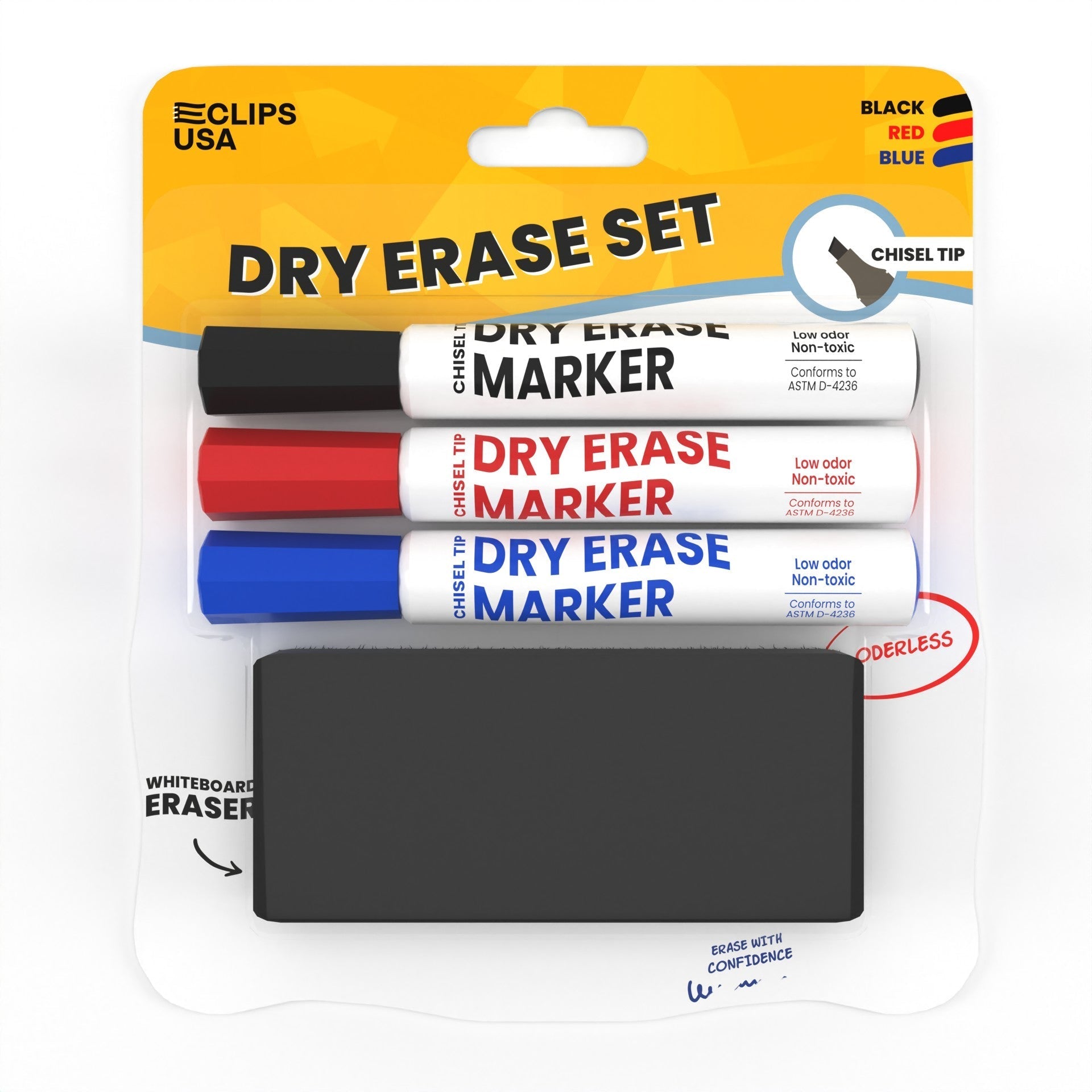 Wholesale Dry Erase Markers - Set Of 3  Chisel Tip Markers w/Eraser in Assorted Colors - Bulk Case of 40 Sets