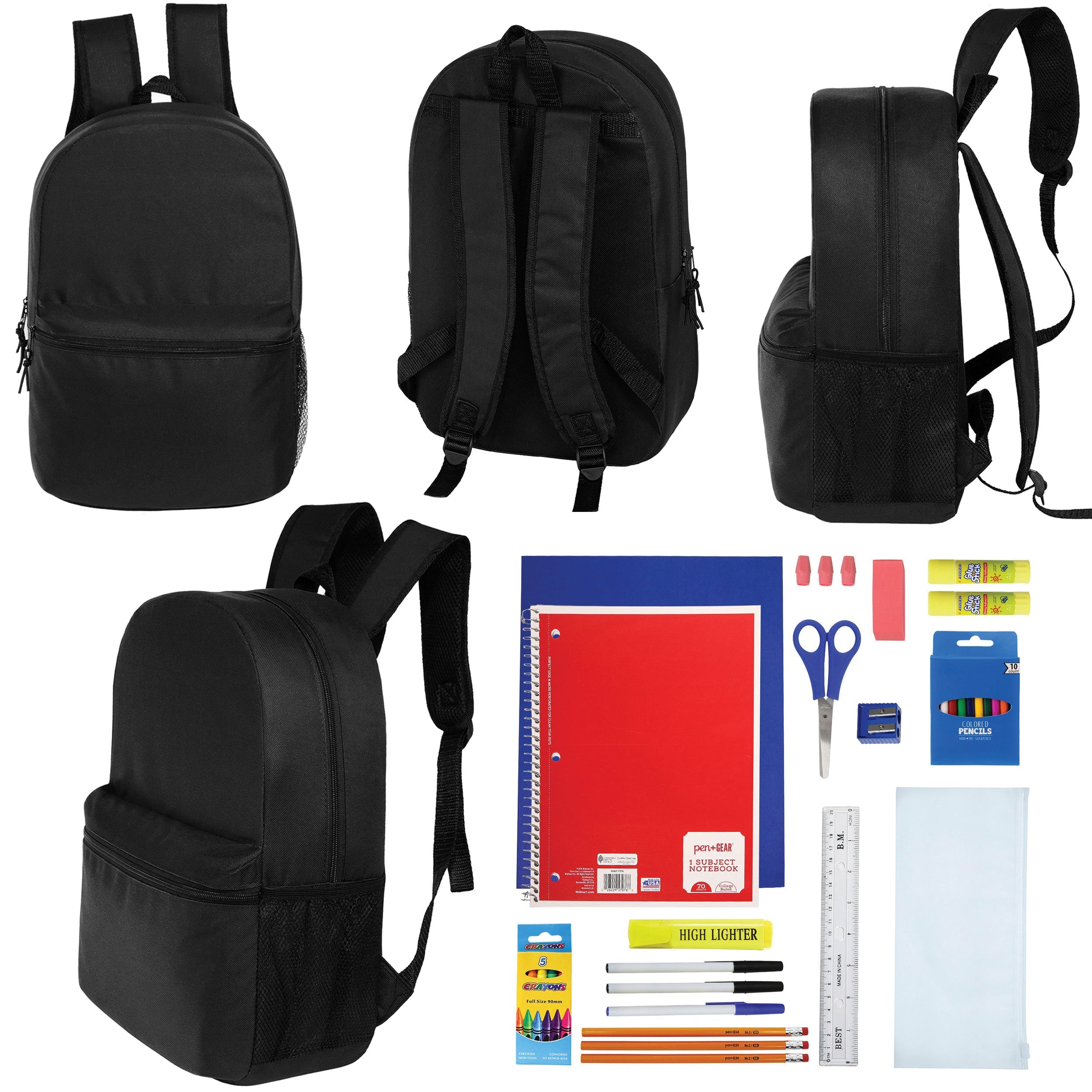 12 Wholesale Blank 18.5" Backpacks in Black & 12 Bulk School Supply Kits of Your Choice