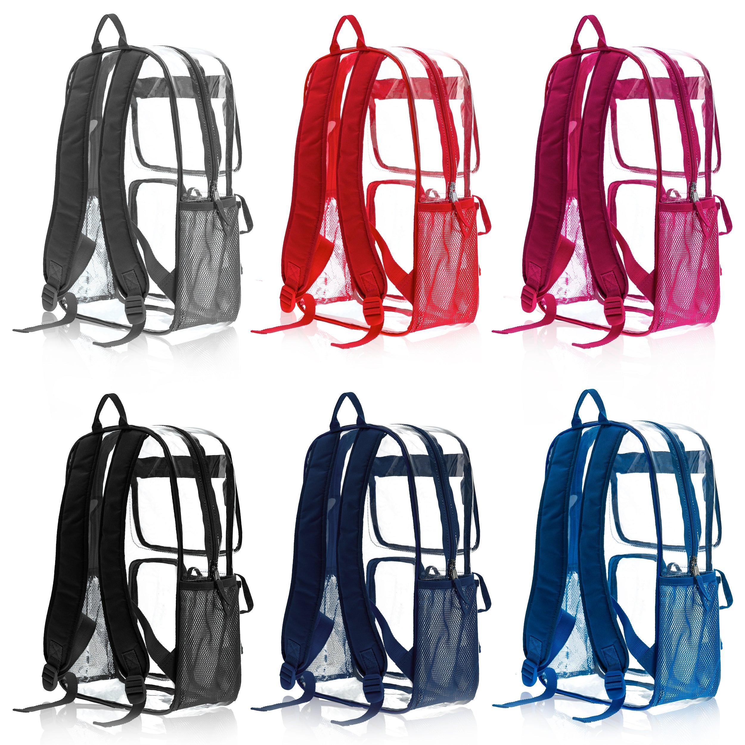 17" Premium Wholesale Clear Backpacks Assorted Colors - Bulk Case of 24 Transparent Bookbags