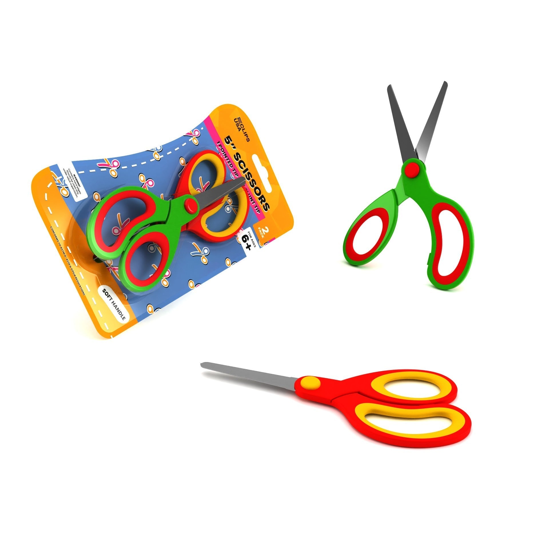 Kids Scissors - 1 Blunt Tip & 1 Pointed Tip, 6 Inches, Assorted Colors, 2 Pack