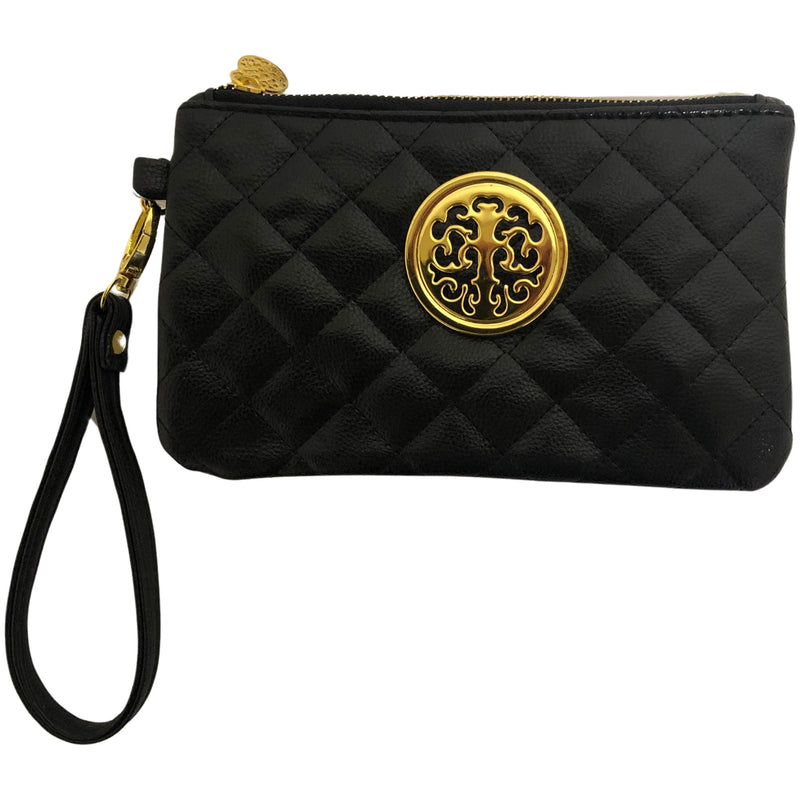 CLEARANCE QUILTED WRISTLET BAG IN BLACK (CASE OF 48 - $1.75 / PIECE)  Wholesale Wristlet Clutch with Tree Logo SKU: 4480-BLACK-48