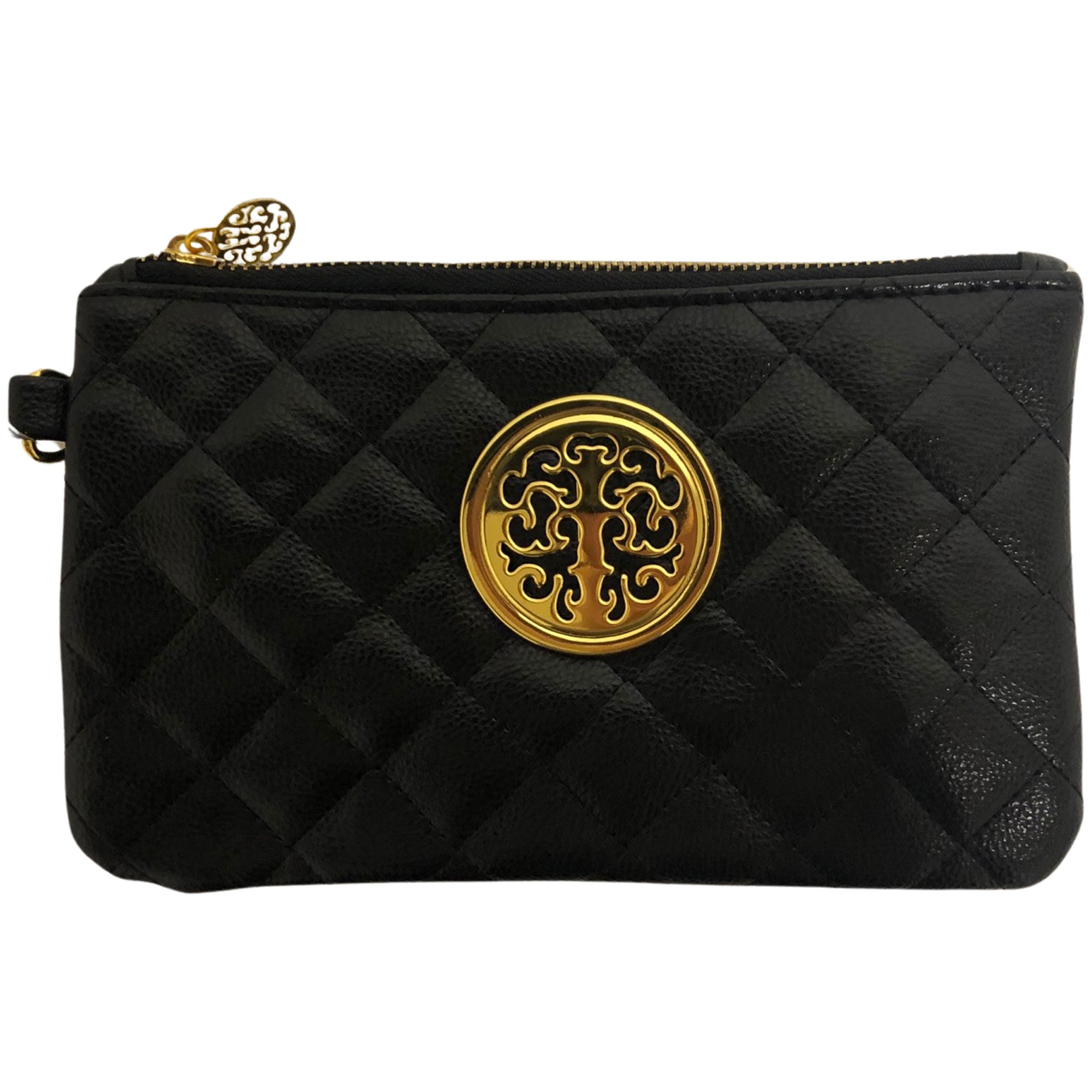 CLEARANCE QUILTED WRISTLET BAG IN BLACK (CASE OF 48 - $1.75 / PIECE)  Wholesale Wristlet Clutch with Tree Logo SKU: 4480-BLACK-48