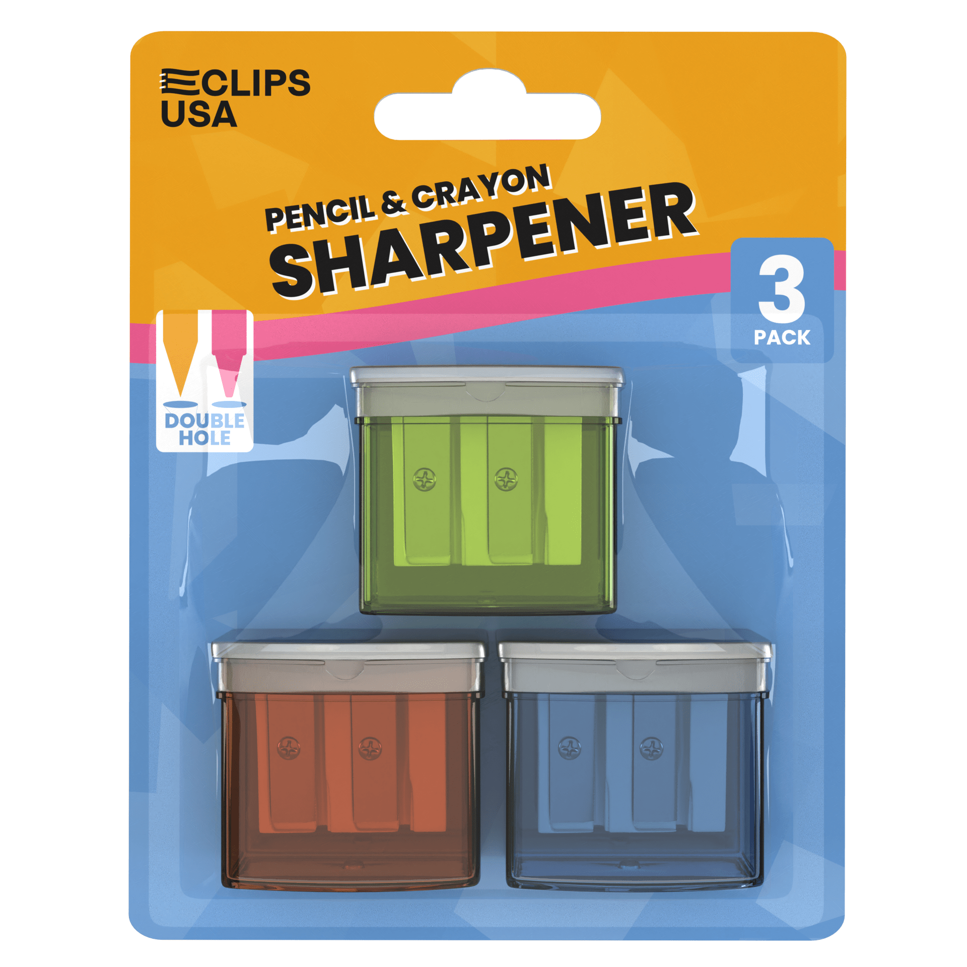 Manual Pencil Sharpeners - Double Hole For Pencil And Crayon, Receptacle Included, Assorted Colors, 3 Pack