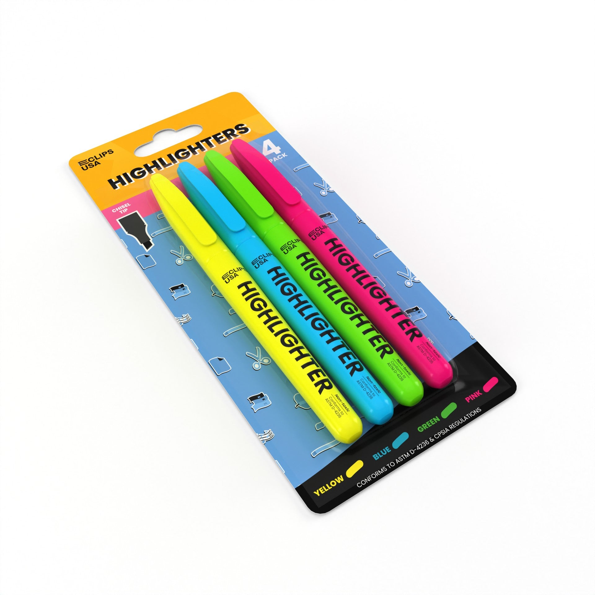 Fluorescent Highlighter Pen - Assorted Colors, 4 Pack, Fine-tip
