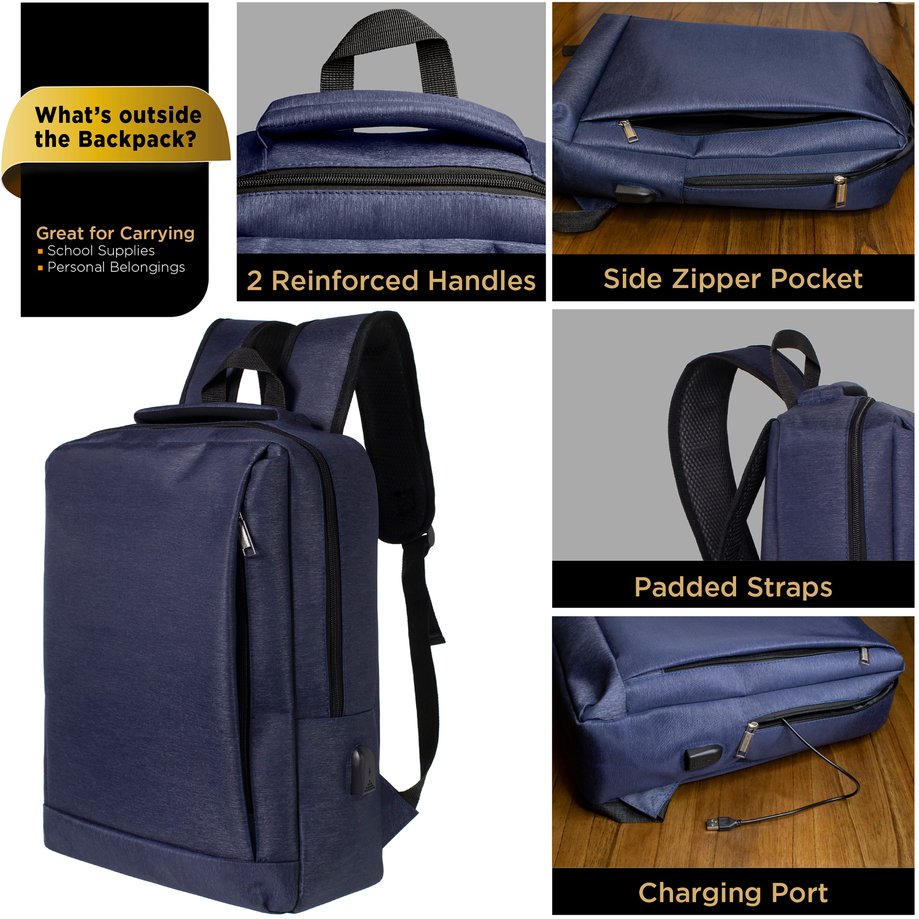 18" Wholesale Premium Laptop Backpacks in Black & Navy - Wholesale Case of 24 Bookbags
