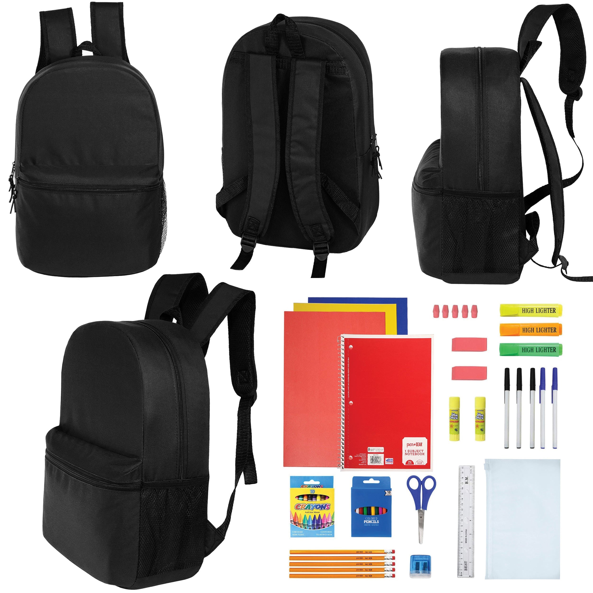 12 Wholesale Blank 18.5" Backpacks in Black & 12 Bulk School Supply Kits of Your Choice