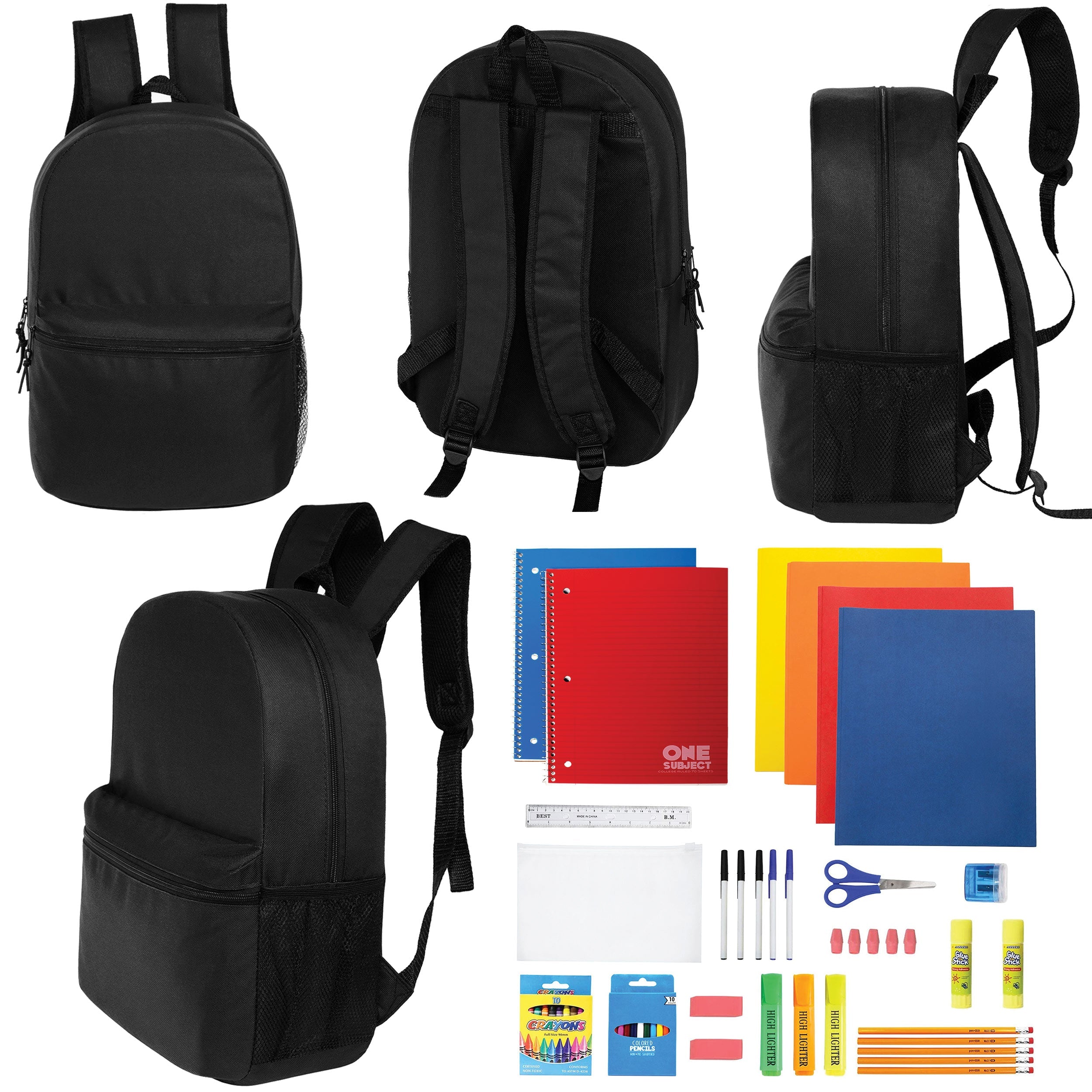 12 Wholesale Blank 18.5" Backpacks in Black & 12 Bulk School Supply Kits of Your Choice