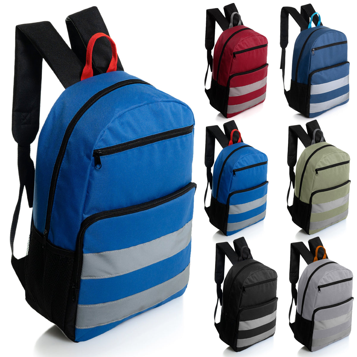 12 Reflective Strip 17" Backpacks with Side Pockets & Your Choice of 12 Bulk Hygiene Kits - Wholesale Care Package: Homeless, Emergency, Charity