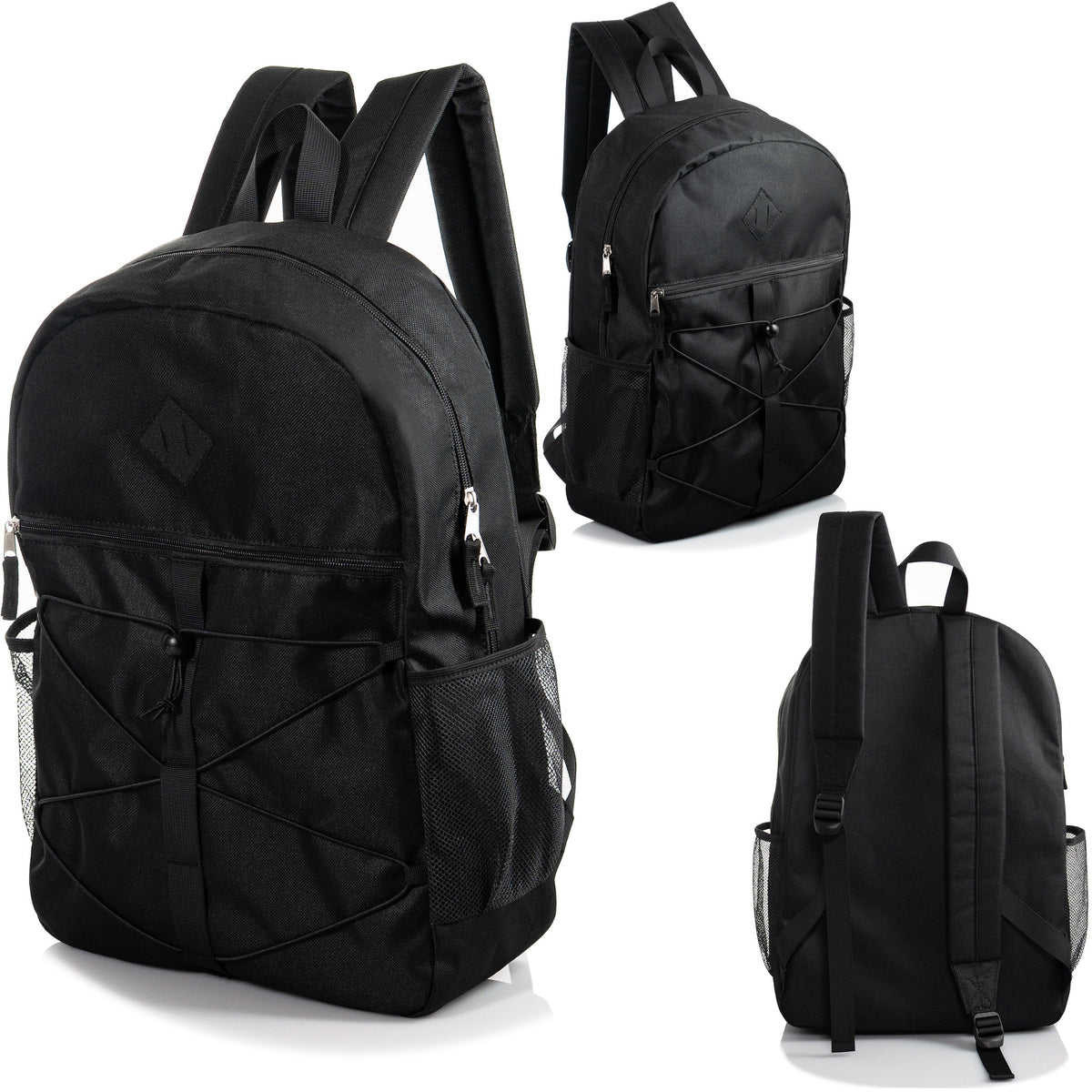 12 Black Bungee Cord Style 18" Backpacks & Your Choice of 12 Bulk Hygiene Kits - Wholesale Care Package: Homeless, Emergency, Charity