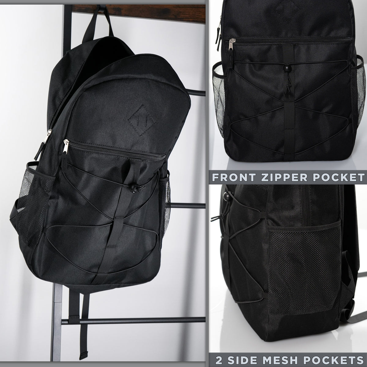 12 Black Bungee Cord Style 18" Backpacks & Your Choice of 12 Bulk Hygiene Kits - Wholesale Care Package: Homeless, Emergency, Charity