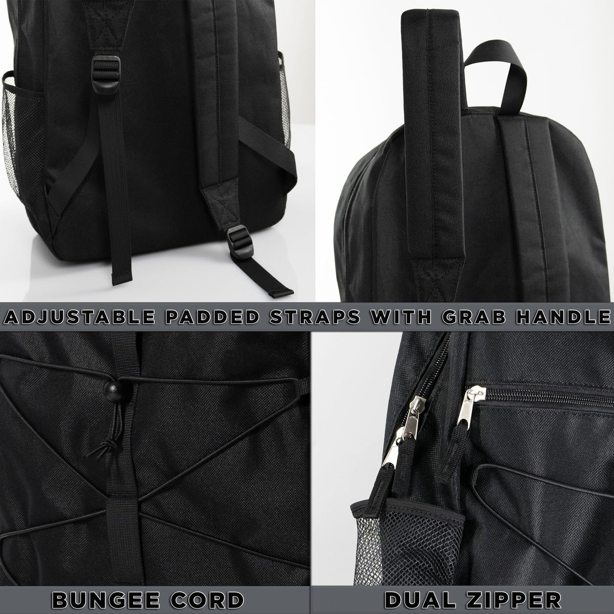 12 Black Bungee Cord Style 18" Backpacks & Your Choice of 12 Bulk Hygiene Kits - Wholesale Care Package: Homeless, Emergency, Charity