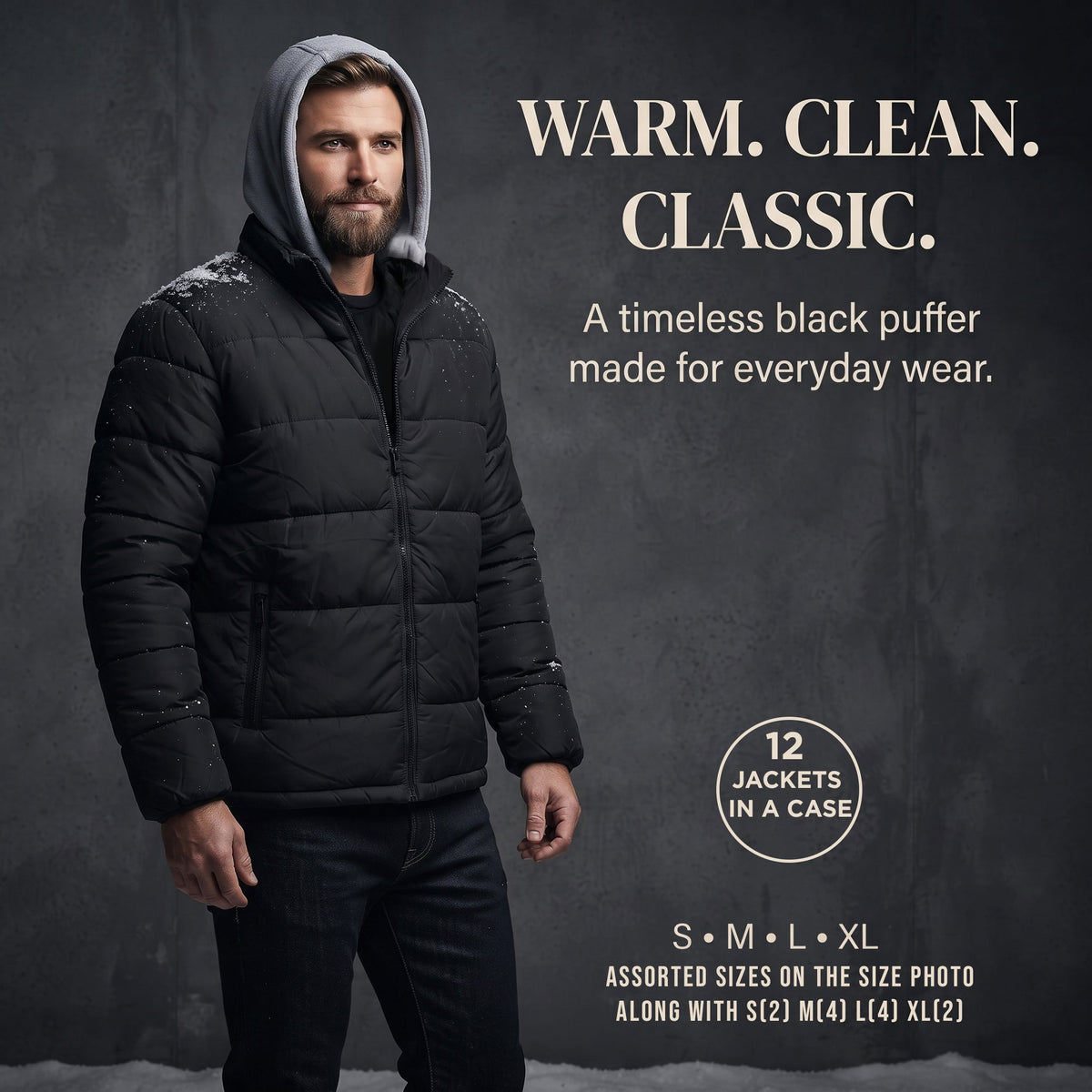 Men's Warm Winter Wholesale Coats in Black & Sizes - Bulk Case of 12 Winter Jackets