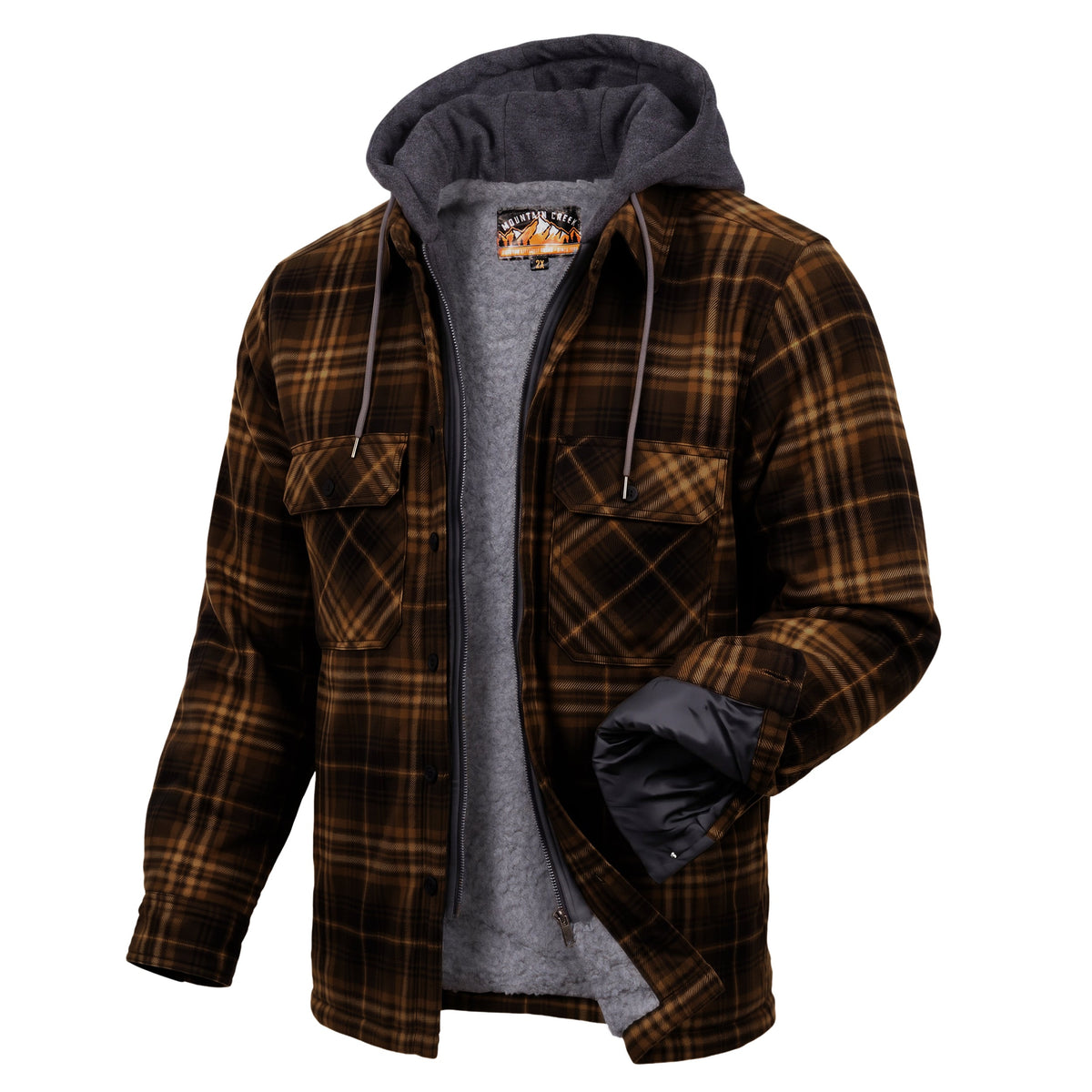 Men's Plaid Hooded Winter Coats in Black/Gold & Assorted Sizes - Bulk Case of 12 Winter Jackets