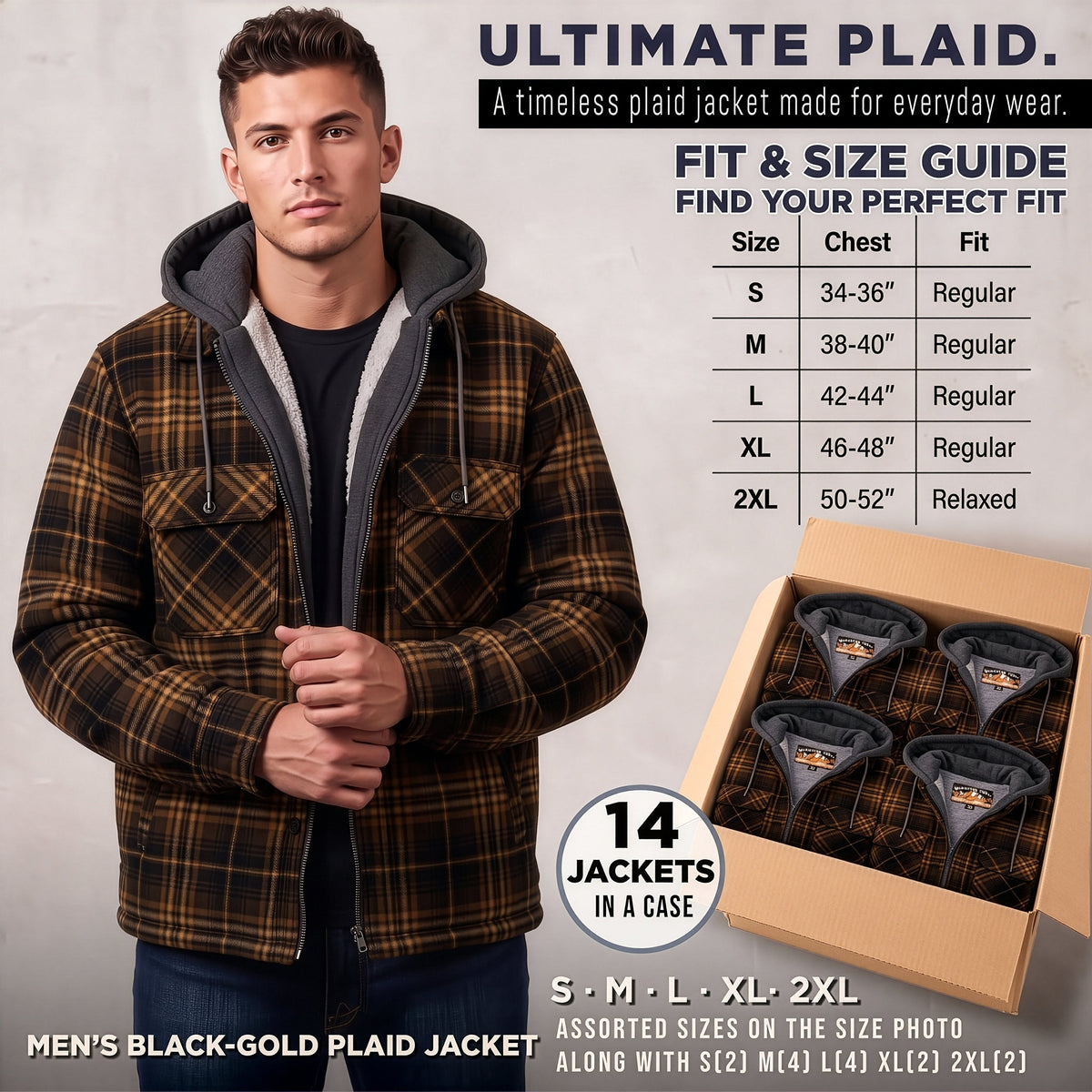 Men's Plaid Hooded Winter Coats in Black/Gold & Assorted Sizes - Bulk Case of 12 Winter Jackets