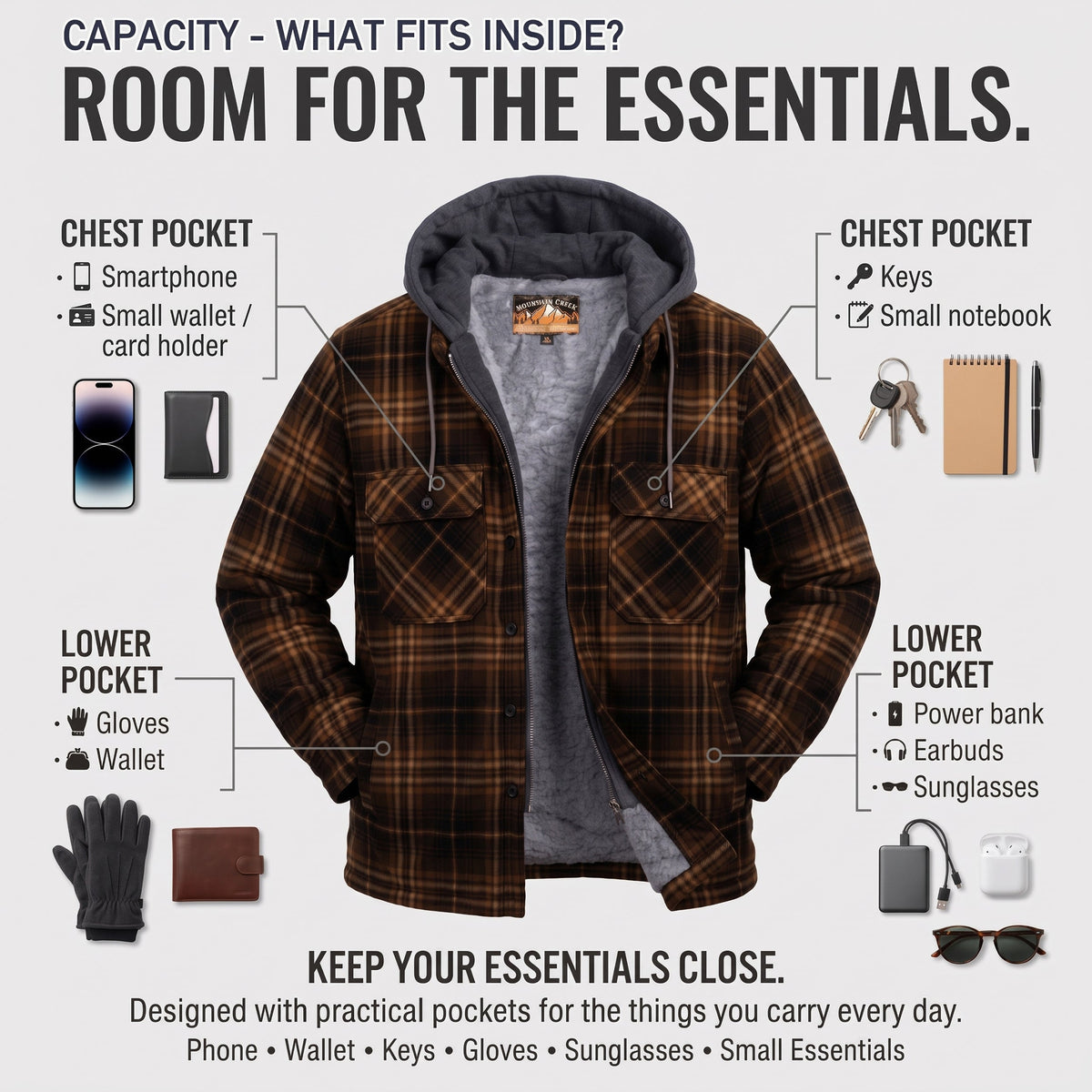 Men's Plaid Hooded Winter Coats in Black/Gold & Assorted Sizes - Bulk Case of 12 Winter Jackets