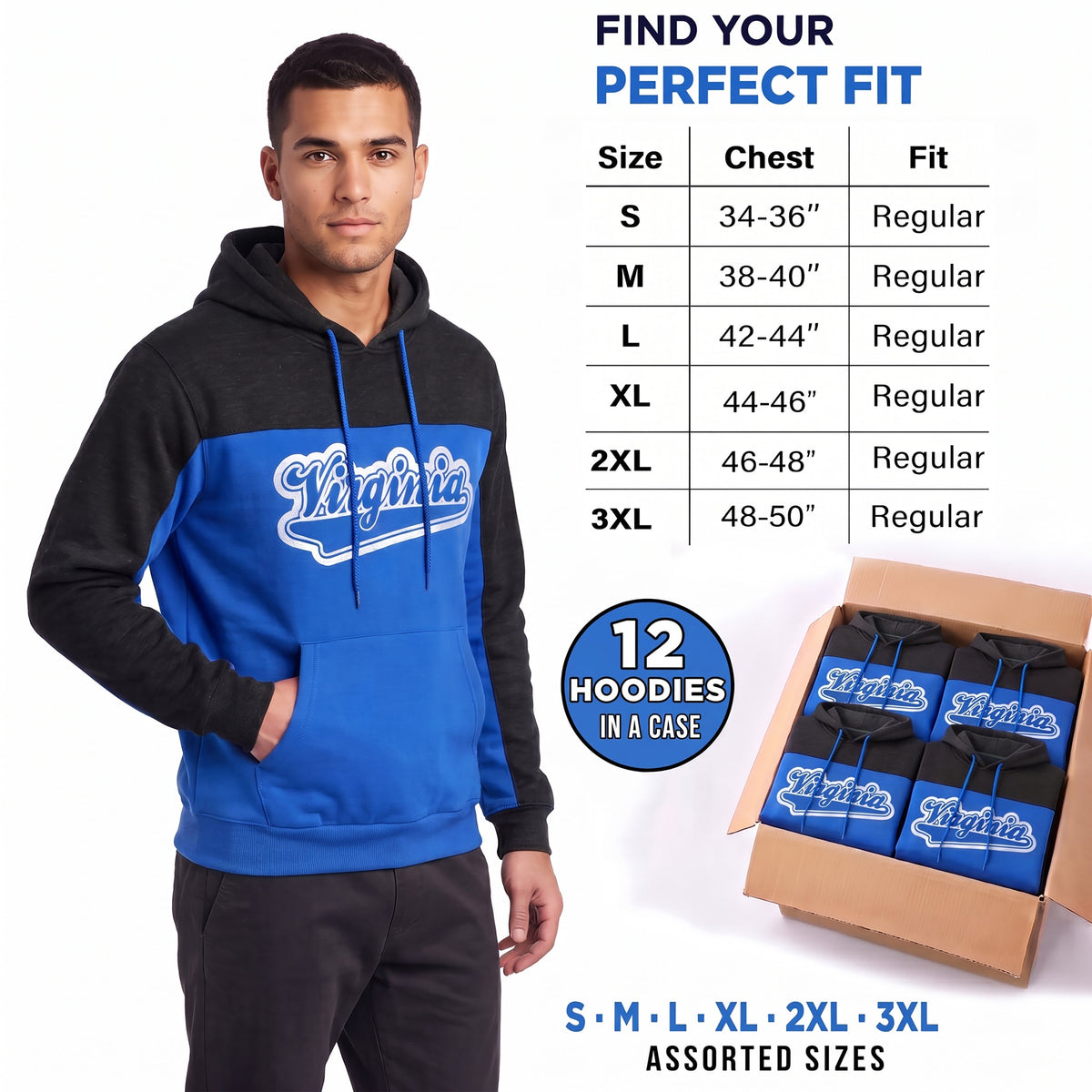 Winter Hoodie Virginia Assorted Sizes - Bulk Case of 12