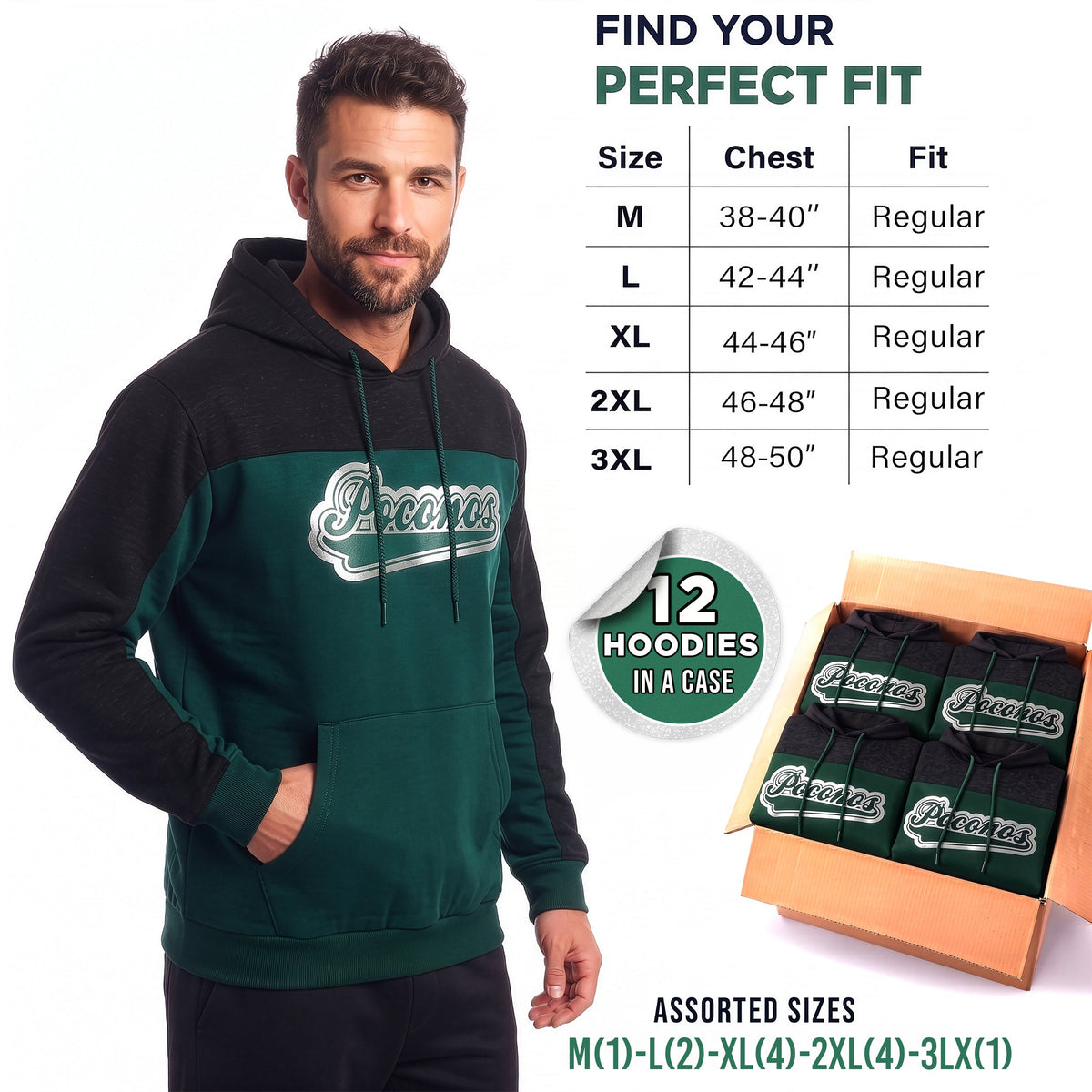 Winter Hoodie Poconos Assorted Sizes - Bulk Case of 12
