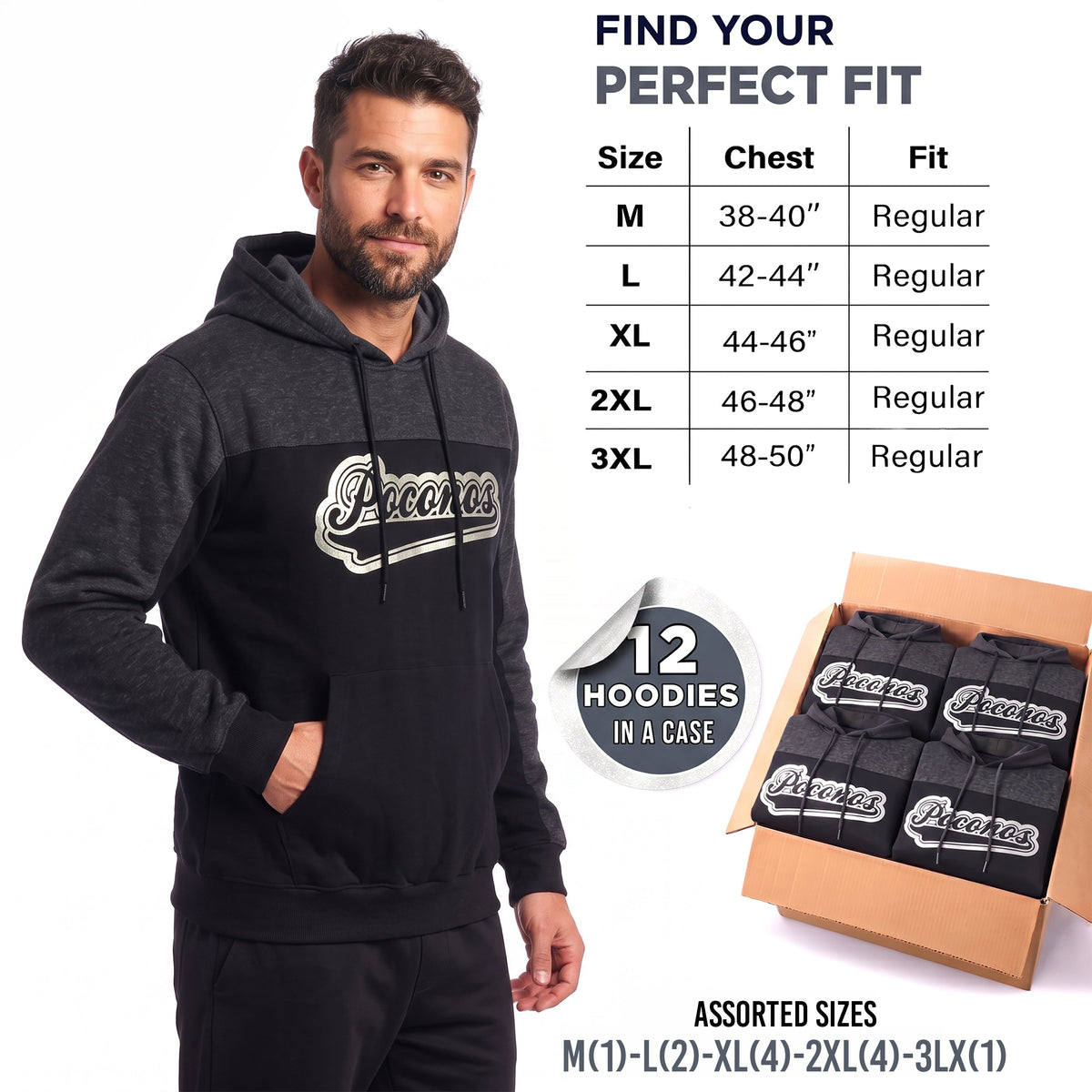 Winter Hoodie Poconos Assorted Sizes - Bulk Case of 12