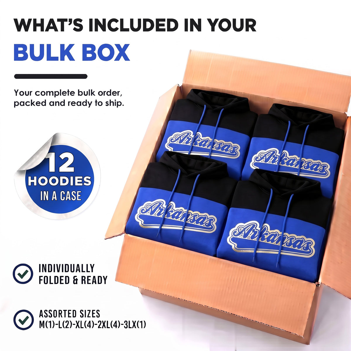 Winter Hoodie Arkansas Assorted Sizes - Bulk Case of 12