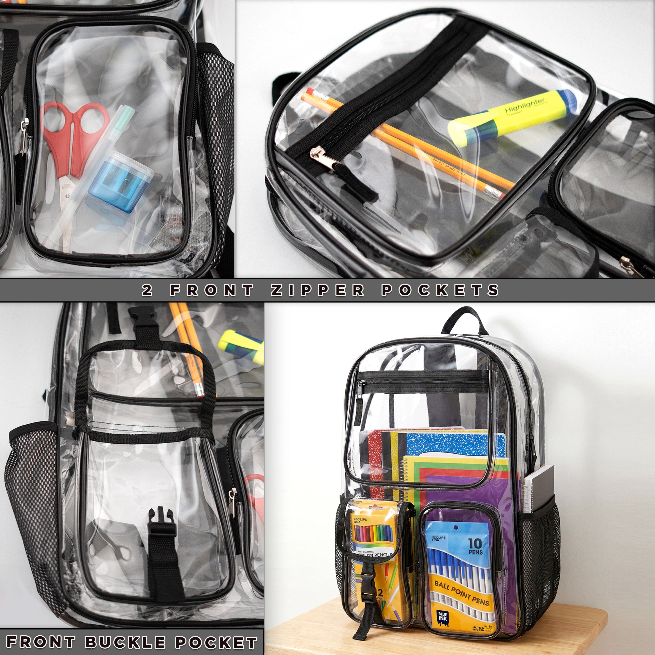 17" Premium Wholesale Clear Backpacks Assorted Colors - Bulk Case of 24 Transparent Bookbags