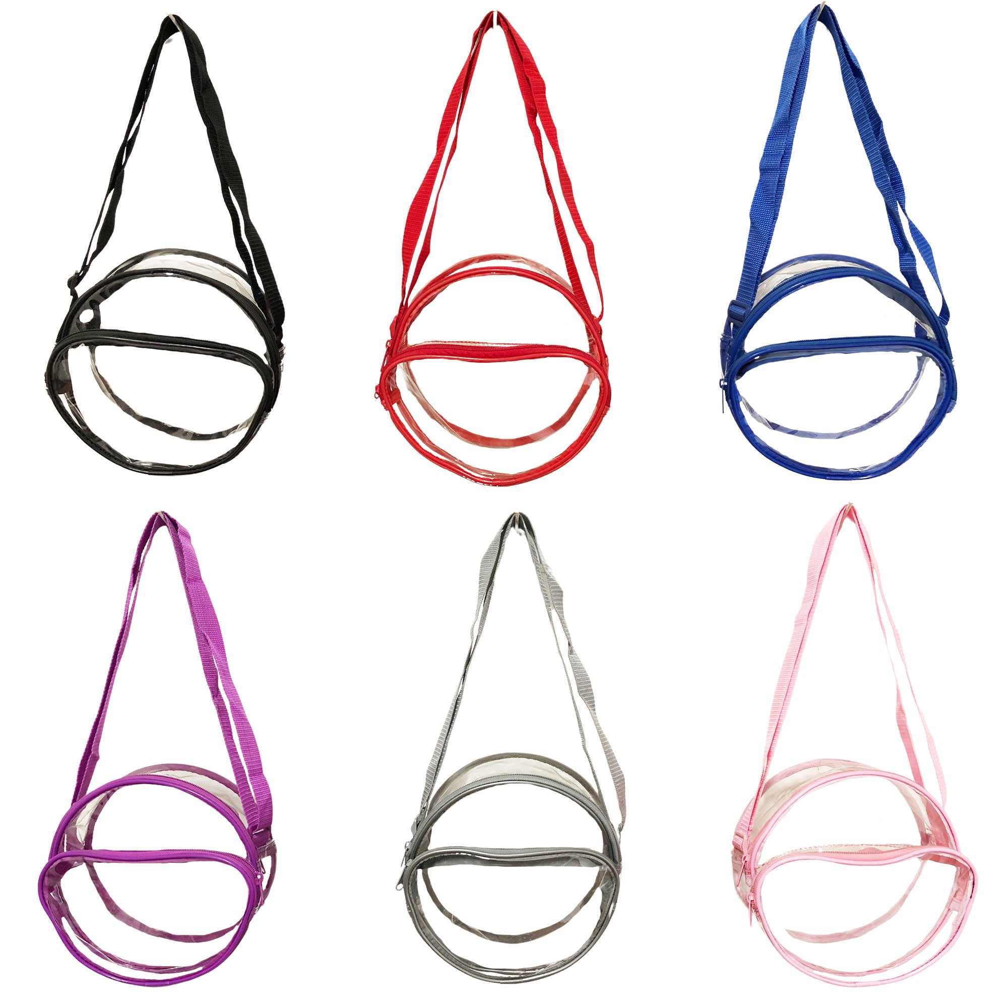 CLEARANCE WHOLESALE 8" CLEAR ROUND CROSSBODY (CASE OF 48- $2.00 / PIECE) Wholesale Transparent Bag in Assorted Colors SKU: 8-ROUND-48