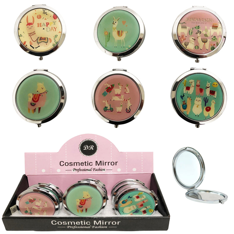CLEARANCE COSMETIC MIRRORS ALPACA PRINTS (CASE OF 60 - $1.00 / PIECE)  Wholesale Round Cosmetic Mirrors in Elephant Prints SKU: 801-ALPACA-60