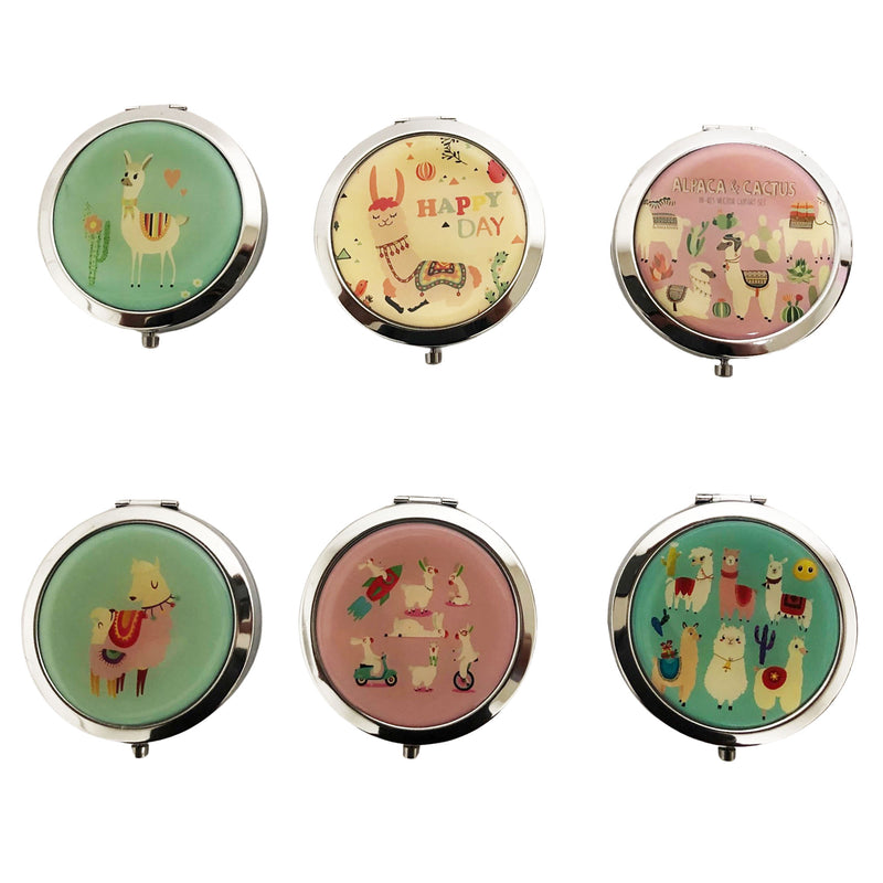 CLEARANCE COSMETIC MIRRORS ALPACA PRINTS (CASE OF 60 - $1.00 / PIECE)  Wholesale Round Cosmetic Mirrors in Elephant Prints SKU: 801-ALPACA-60