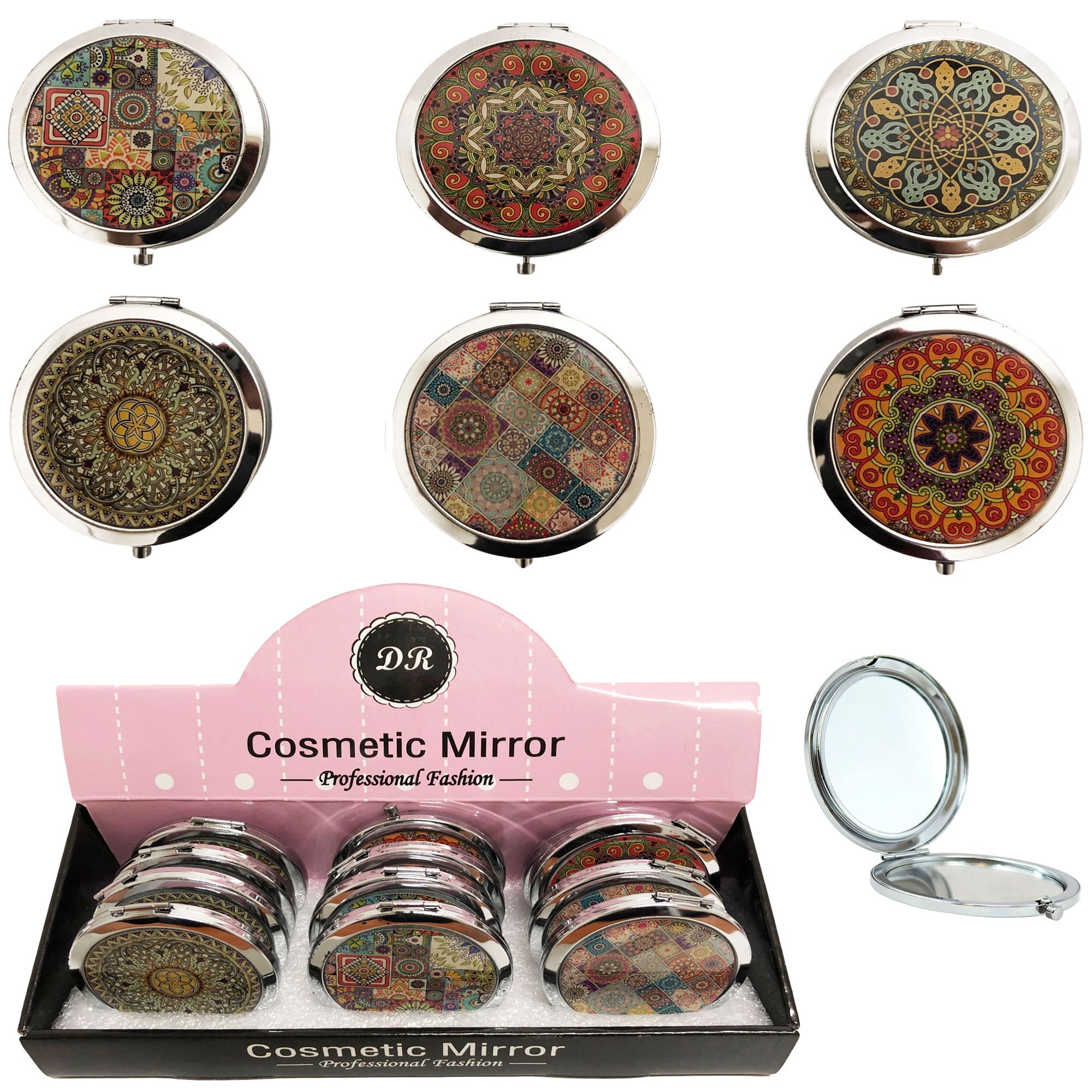 CLEARANCE COSMETIC MIRRORS GEOMETRIC PRINTS (CASE OF 60 - $1.00 / PIECE)  Wholesale Round Cosmetic Mirrors in Geometric Prints SKU: 801-DATURA-60