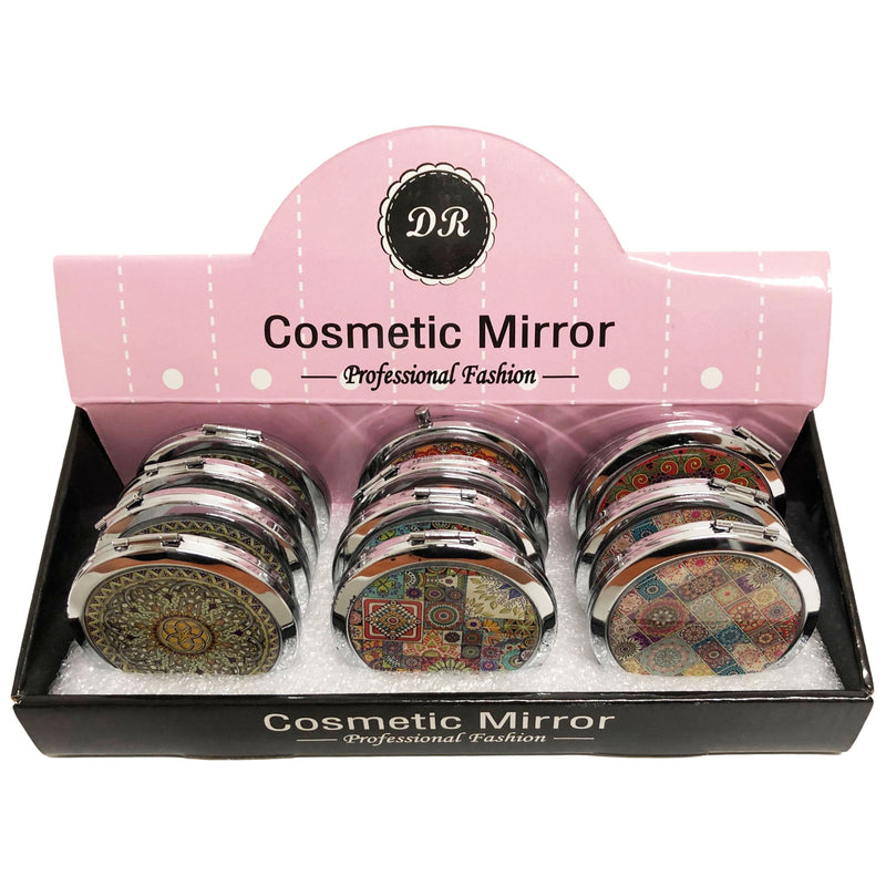 CLEARANCE COSMETIC MIRRORS GEOMETRIC PRINTS (CASE OF 60 - $1.00 / PIECE)  Wholesale Round Cosmetic Mirrors in Geometric Prints SKU: 801-DATURA-60